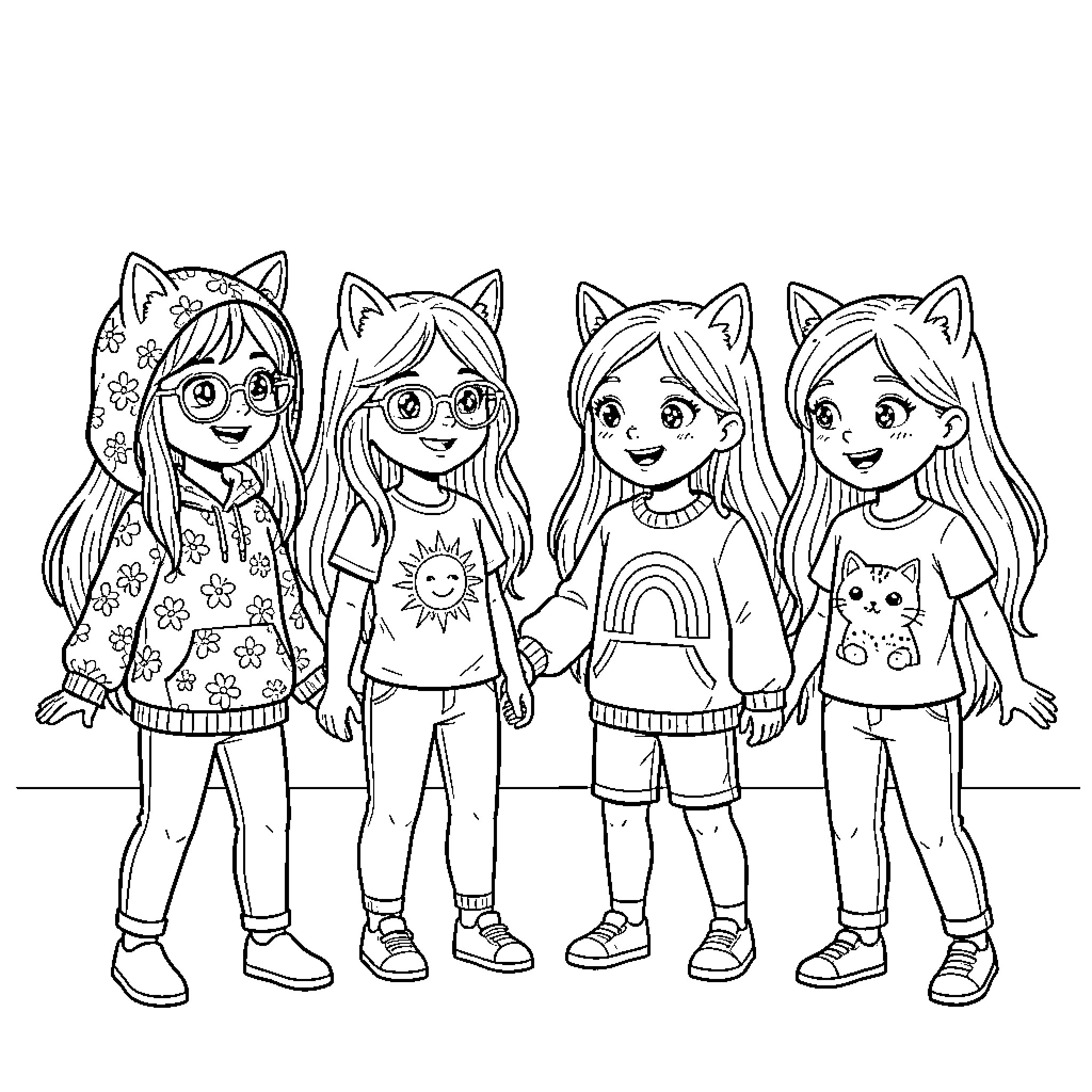 Fille with Playful Cat-Themed Outfits Coloring Page (free black-and-white line drawing printable PDF for all, from beginners to advanced learners, including children, teens, adults, and seniors)