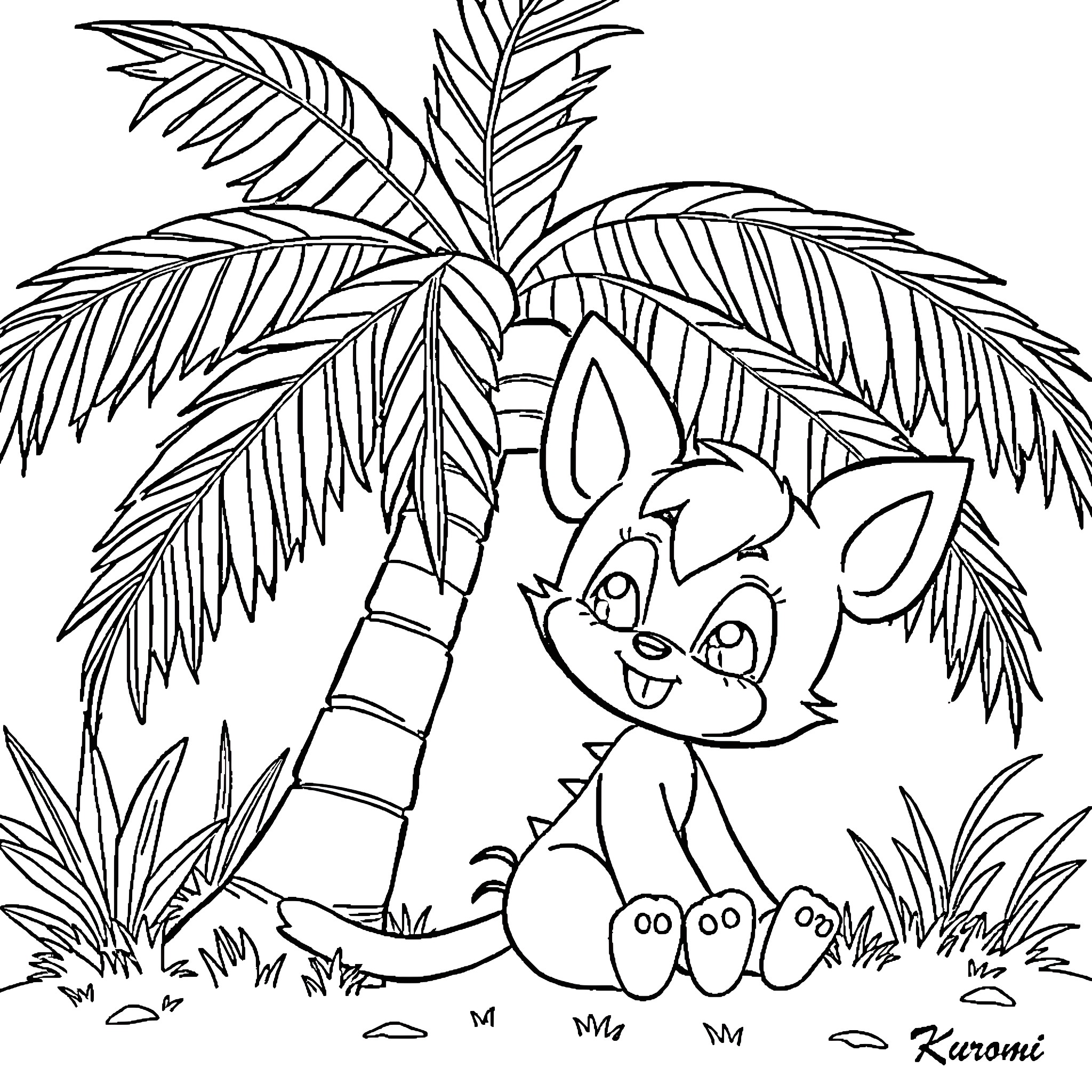 Kuromi enjoying nature under palm trees Coloring Page (free black-and-white line drawing printable PDF for all, from beginners to advanced learners, including children, teens, adults, and seniors)