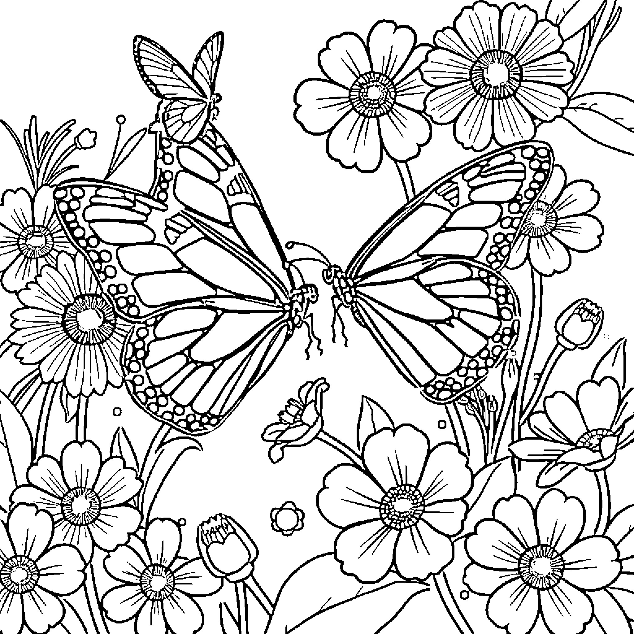 Butterfly dancing amongst vibrant flowers Coloring Page (free black-and-white line drawing printable PDF for all, from beginners to advanced learners, including children, teens, adults, and seniors)