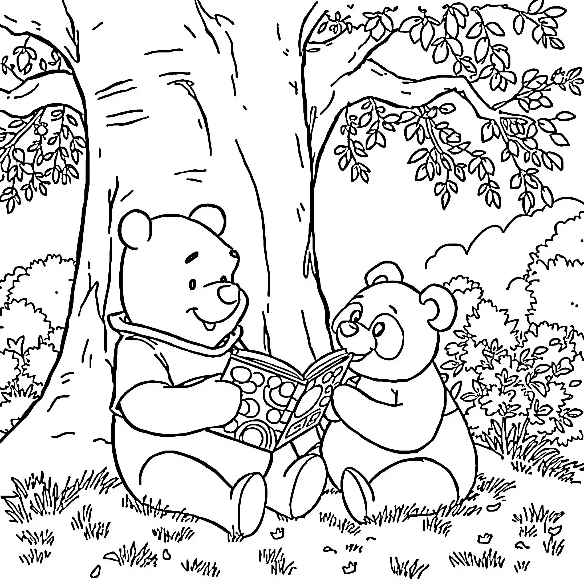 Winnie The Pooh and friends enjoying the outdoors Coloring Page (free black-and-white line drawing printable PDF for all, from beginners to advanced learners, including children, teens, adults, and seniors)