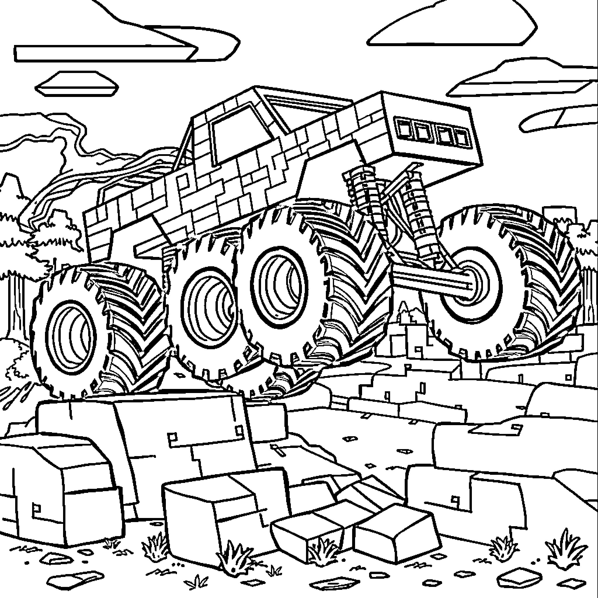 Minecraft Monster Truck Crushing Buildings in the Wild Coloring Page (free black-and-white line drawing printable PDF for all, from beginners to advanced learners, including children, teens, adults, and seniors)