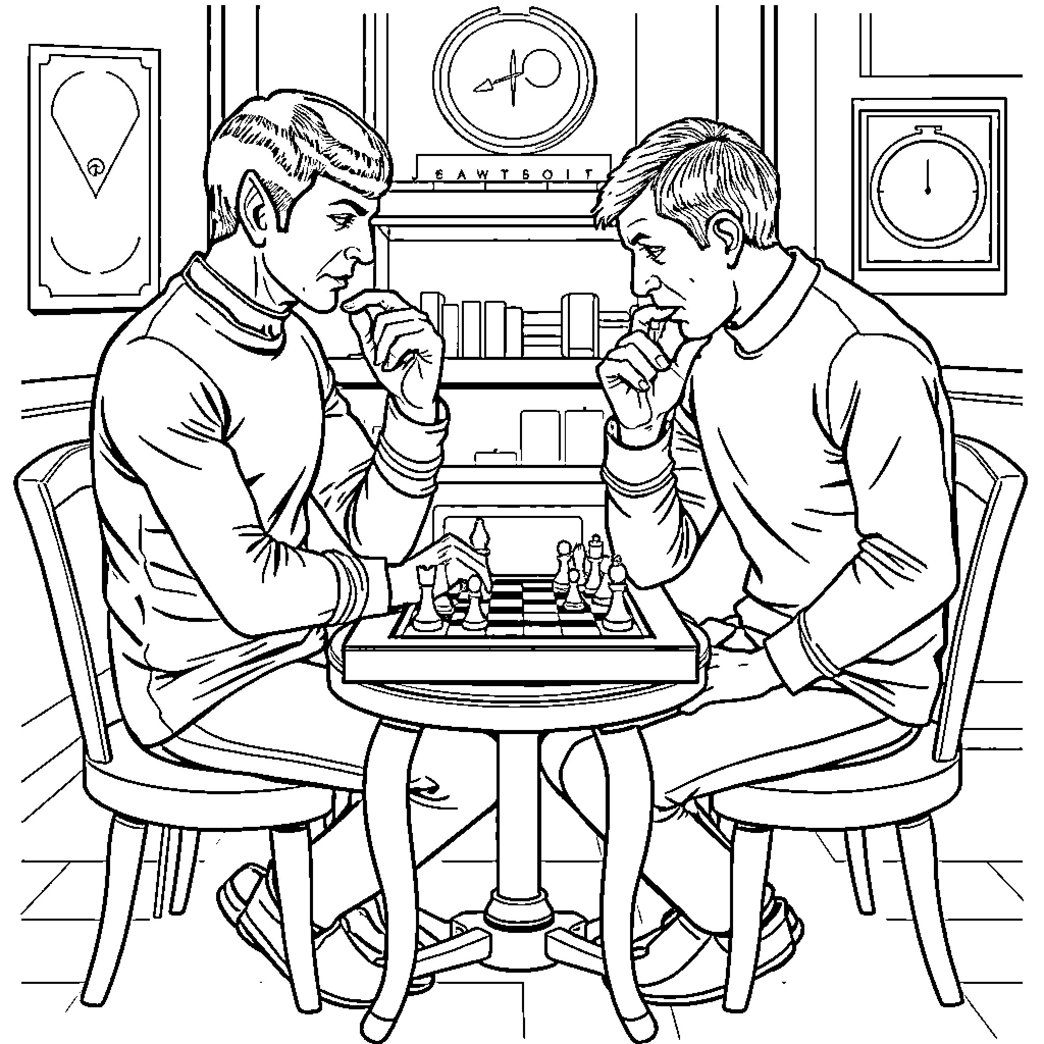 Spock and companion playing chess in a room Coloring Page (free black-and-white line drawing printable PDF for all, from beginners to advanced learners, including children, teens, adults, and seniors)