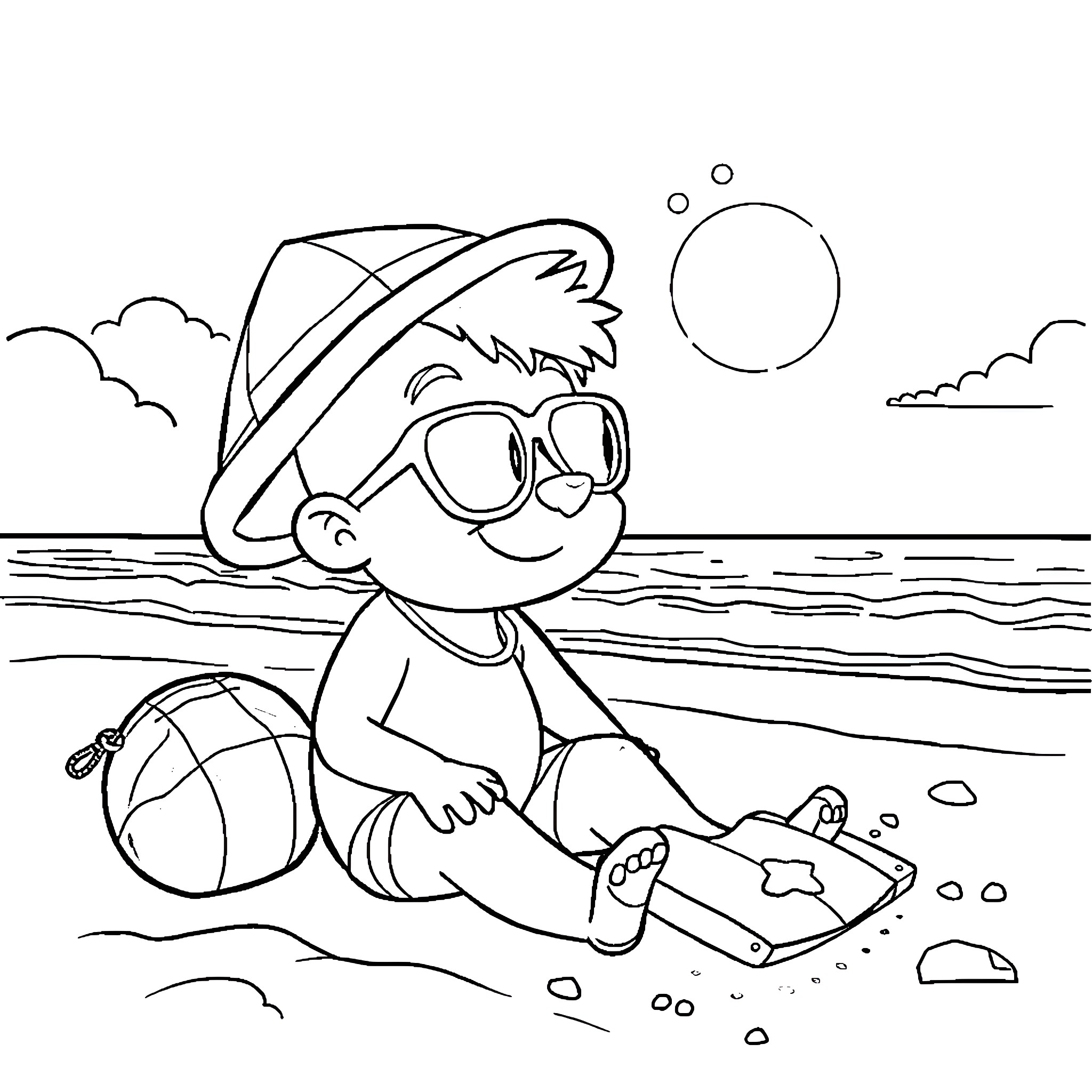 Bluey's Sunny Beach Adventure Coloring Page (free black-and-white line drawing printable PDF for all, from beginners to advanced learners, including children, teens, adults, and seniors)