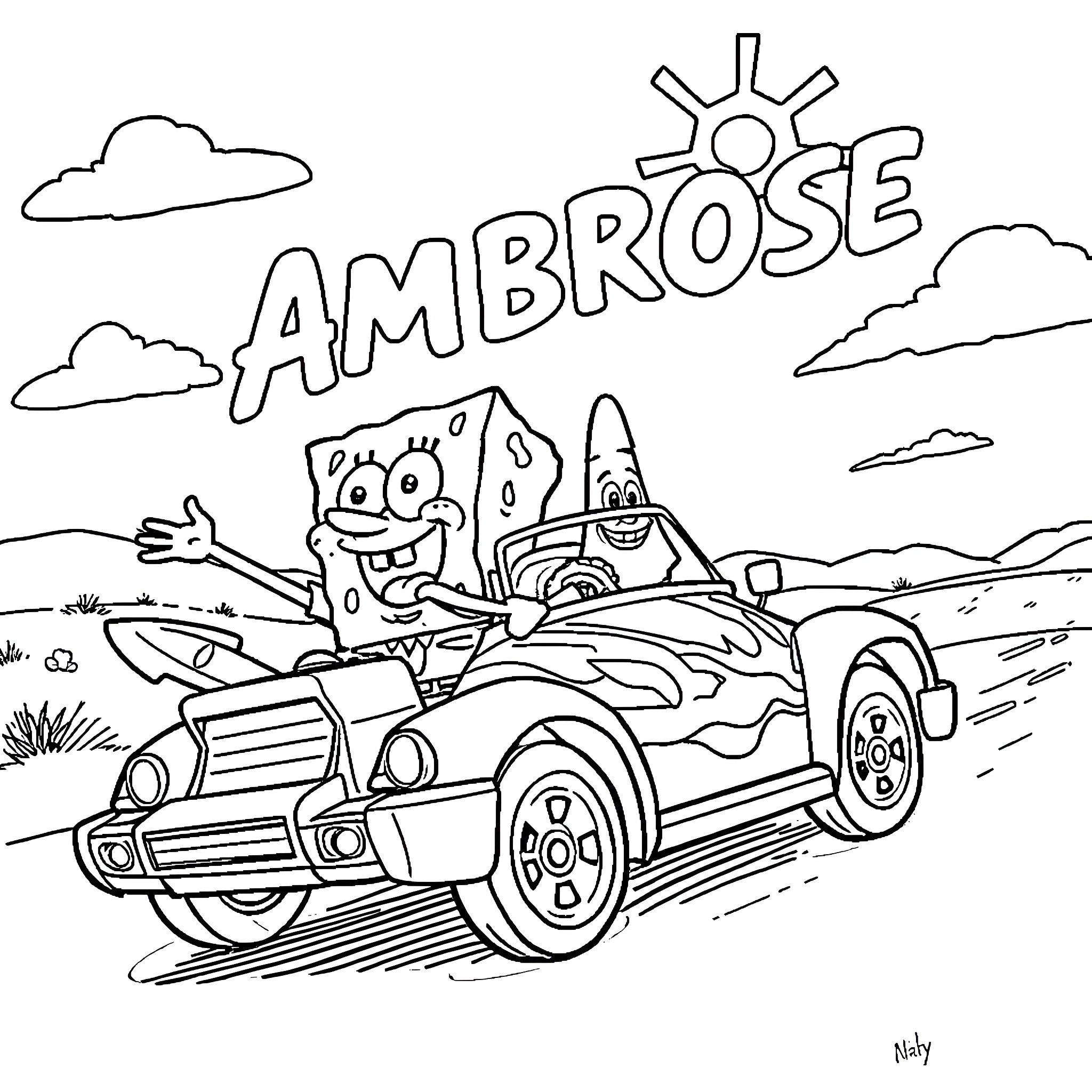 Spongebob and Patrick driving a car on the beach Coloring Page (free black-and-white line drawing printable PDF for all, from beginners to advanced learners, including children, teens, adults, and seniors)