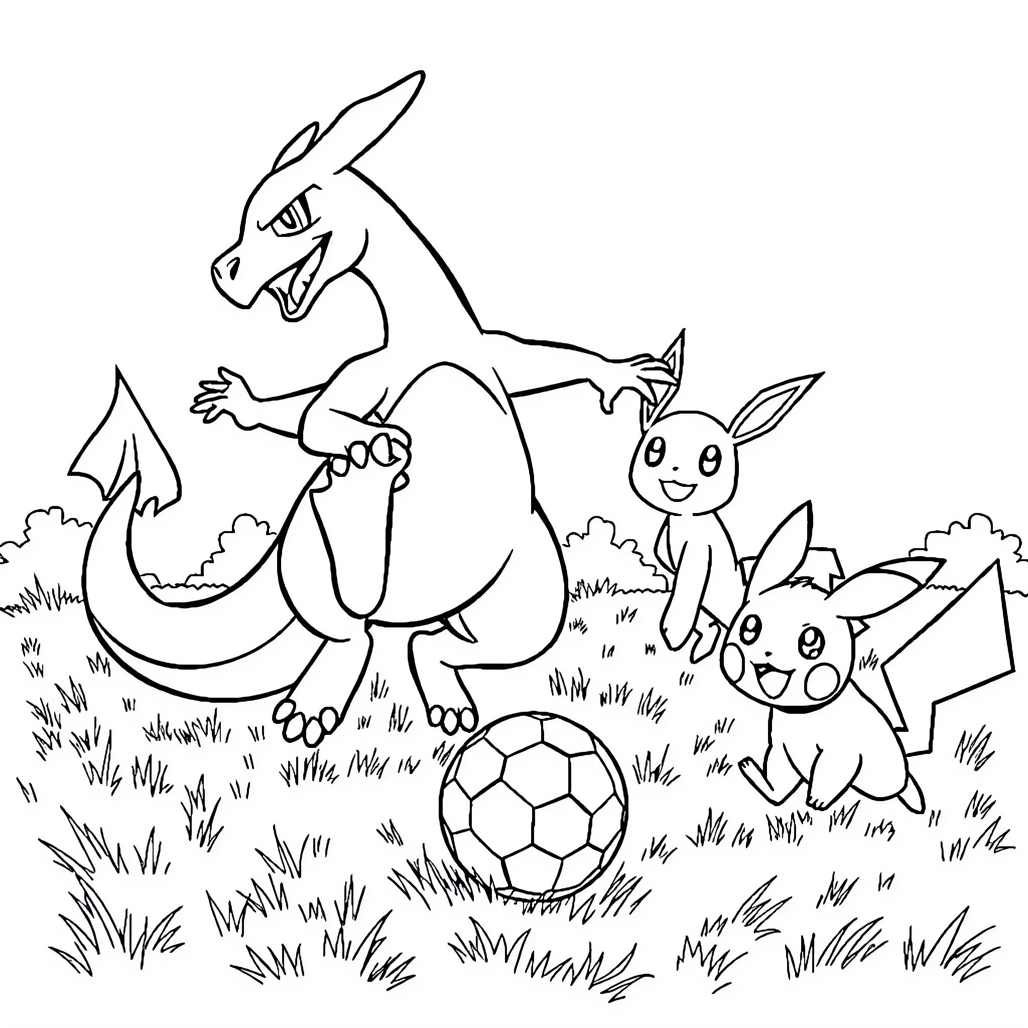 Charizard and Pokemon friends playing with a soccer ball Coloring Page (free black-and-white line drawing printable PDF for all, from beginners to advanced learners, including children, teens, adults, and seniors)