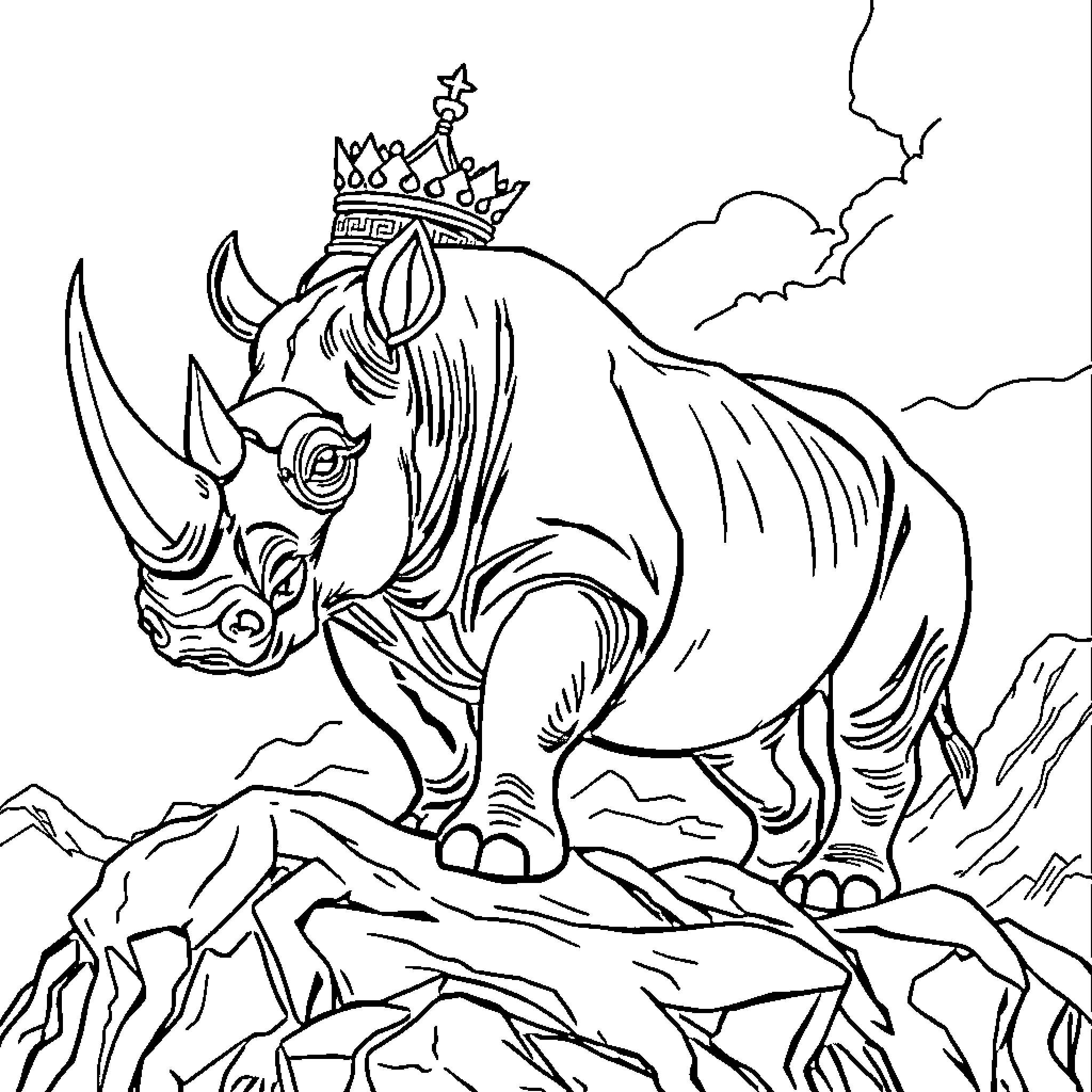 Rhinoceros with a crown standing on a rocky cliffside Coloring Page (free black-and-white line drawing printable PDF for all, from beginners to advanced learners, including children, teens, adults, and seniors)