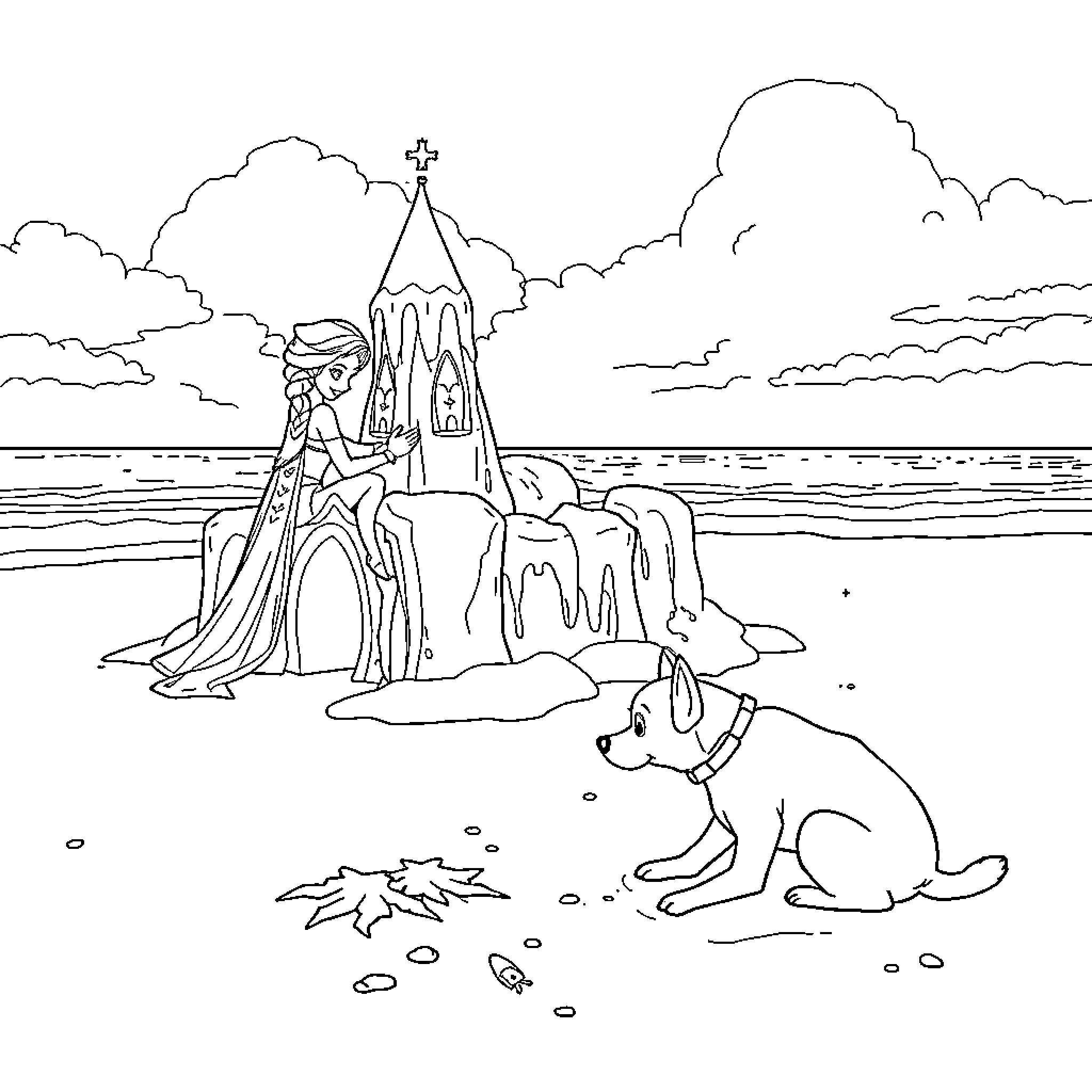Elsa enjoying a scenic winter castle by the sea Coloring Page (free black-and-white line drawing printable PDF for all, from beginners to advanced learners, including children, teens, adults, and seniors)