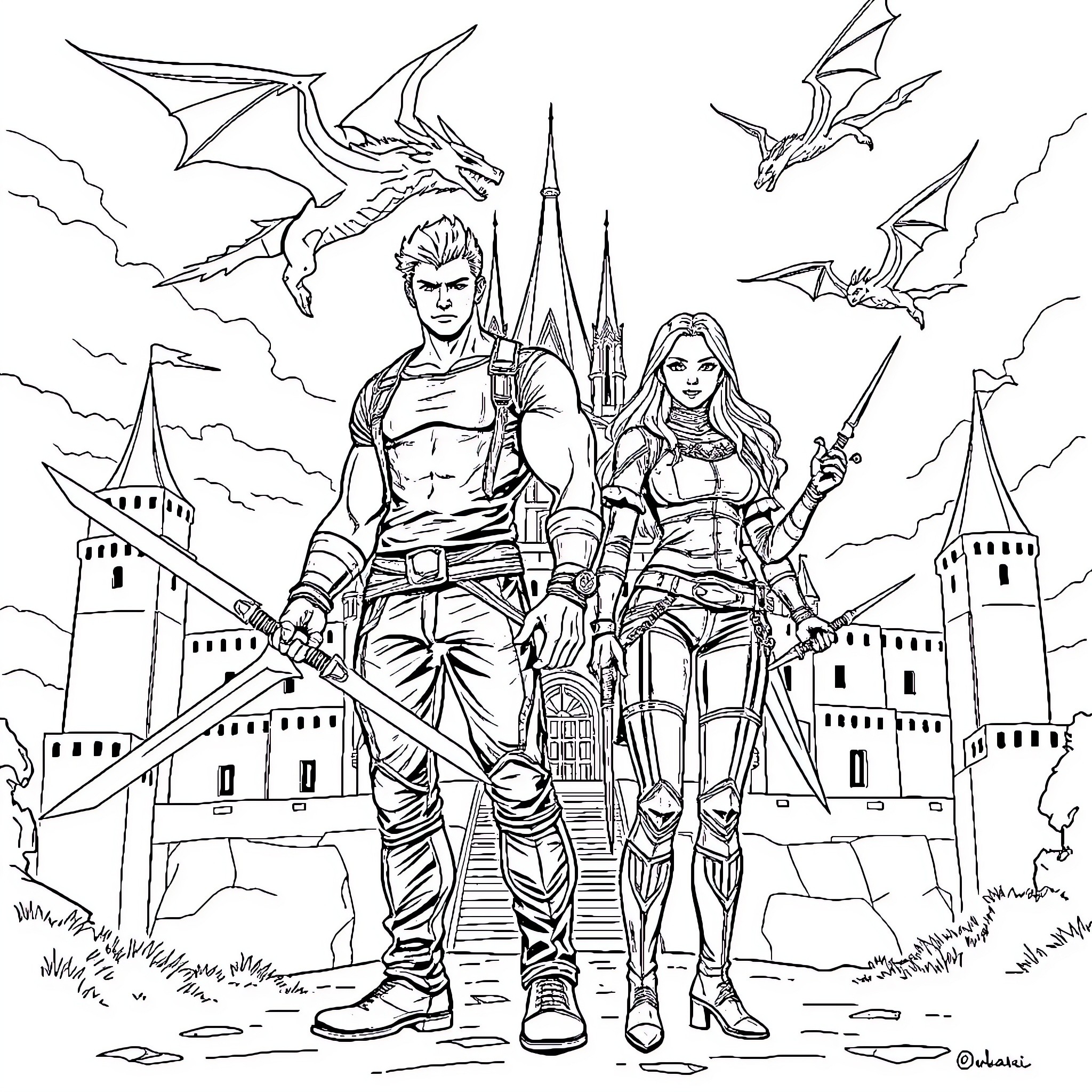 Warrior Duo Facing Mythical Creatures in Fantasy Castle Coloring Page (free black-and-white line drawing printable PDF for all, from beginners to advanced learners, including children, teens, adults, and seniors)
