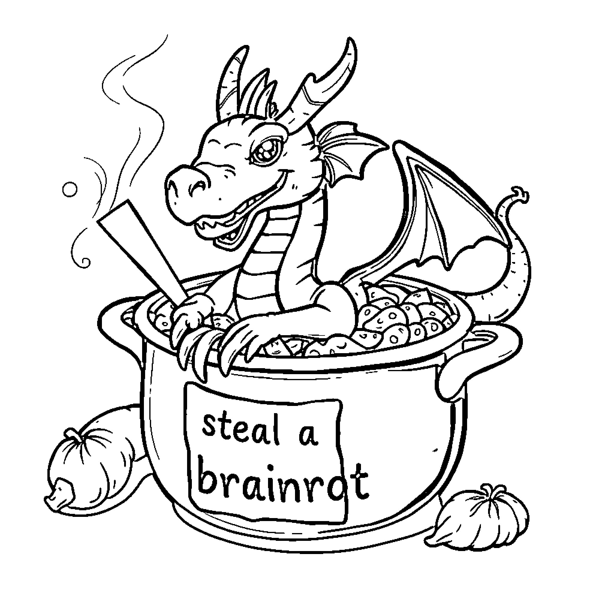 Dragon stealing a brainrot from a pot Coloring Page (free black-and-white line drawing printable PDF for all, from beginners to advanced learners, including children, teens, adults, and seniors)