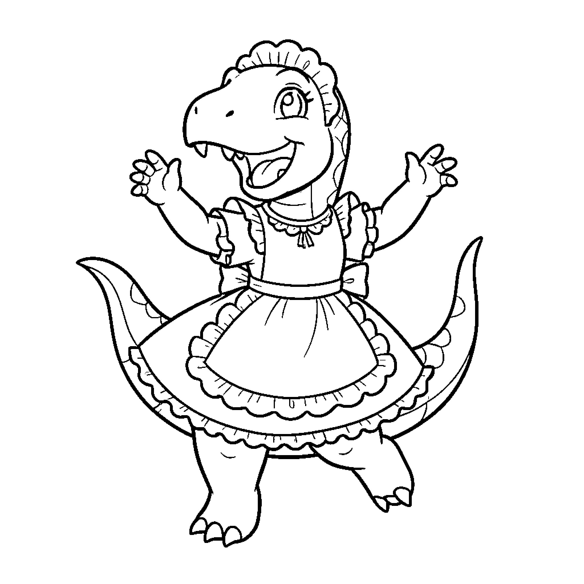 Dinosaur wearing a dress and waving happily Coloring Page (free black-and-white line drawing printable PDF for all, from beginners to advanced learners, including children, teens, adults, and seniors)