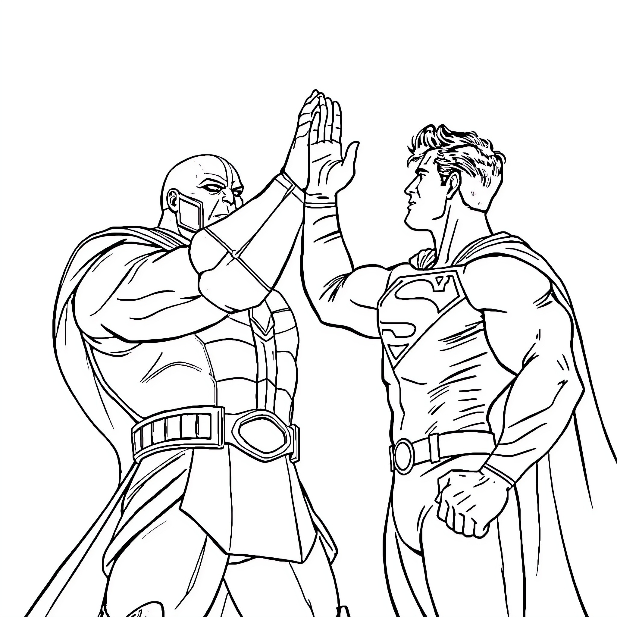 Superman and ally in heroic pose Coloring Page (free black-and-white line drawing printable PDF for all, from beginners to advanced learners, including children, teens, adults, and seniors)