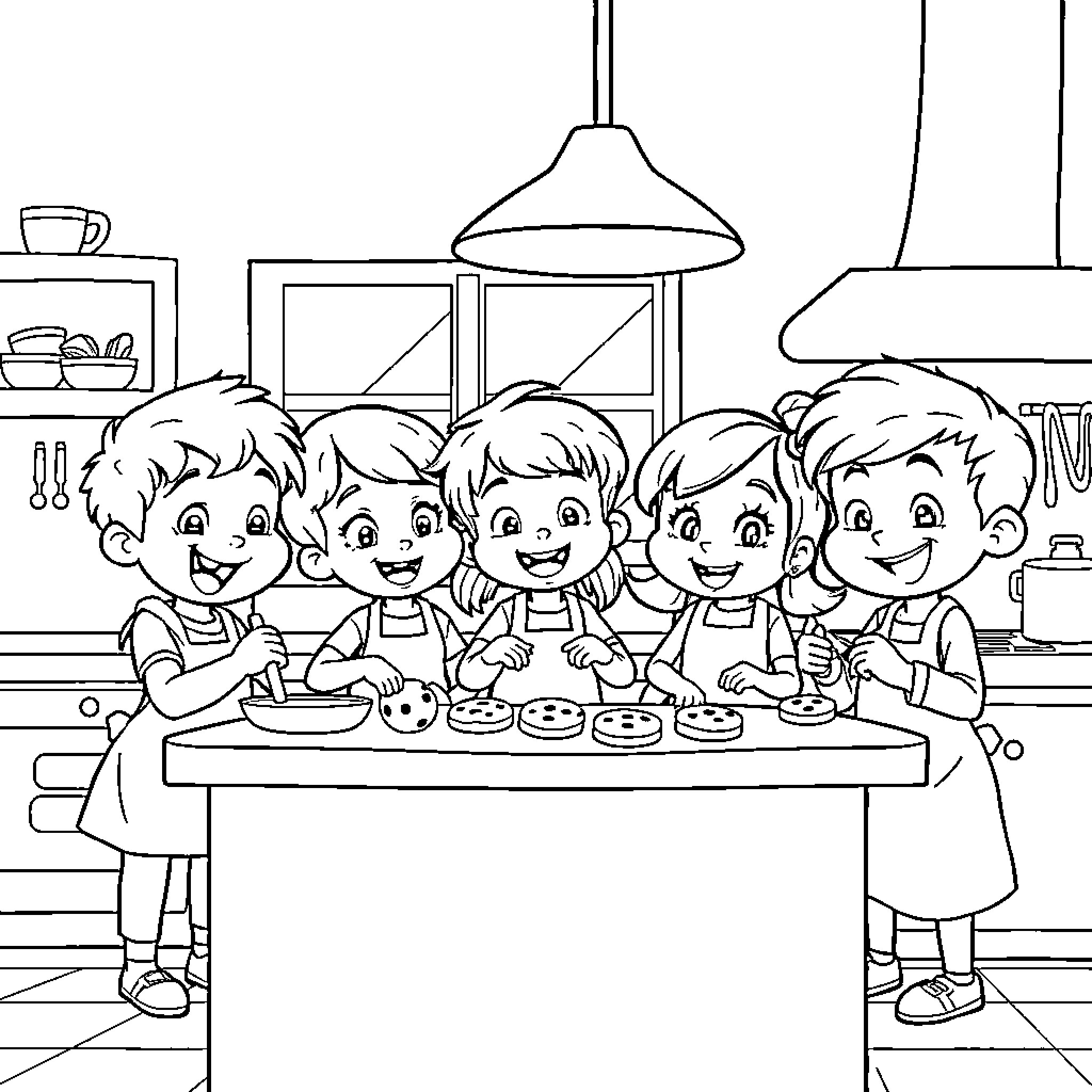 Stray Kids Baking Cookies Together in the Kitchen Coloring Page (free black-and-white line drawing printable PDF for all, from beginners to advanced learners, including children, teens, adults, and seniors)