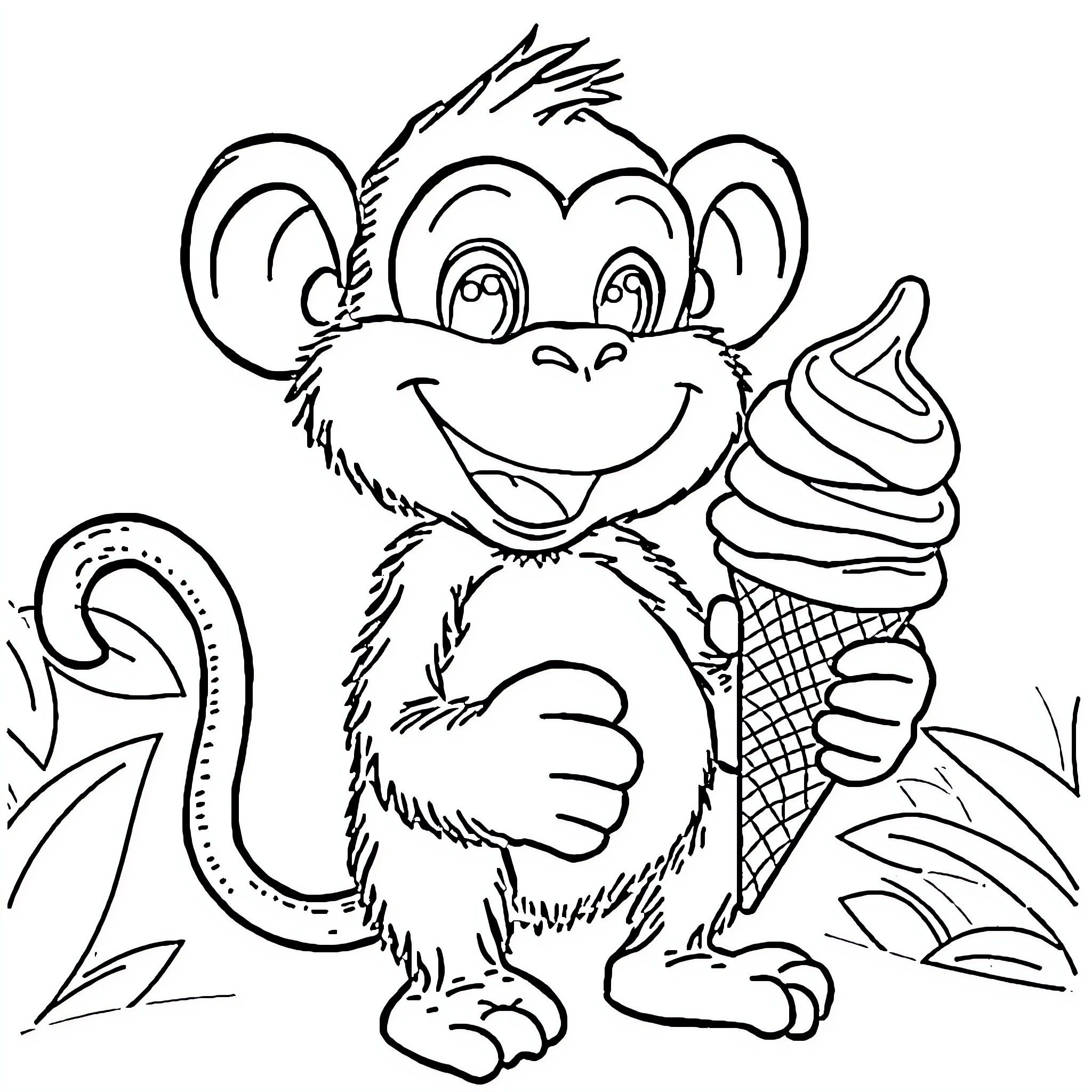Monkey enjoying an ice cream cone Coloring Page (free black-and-white line drawing printable PDF for all, from beginners to advanced learners, including children, teens, adults, and seniors)