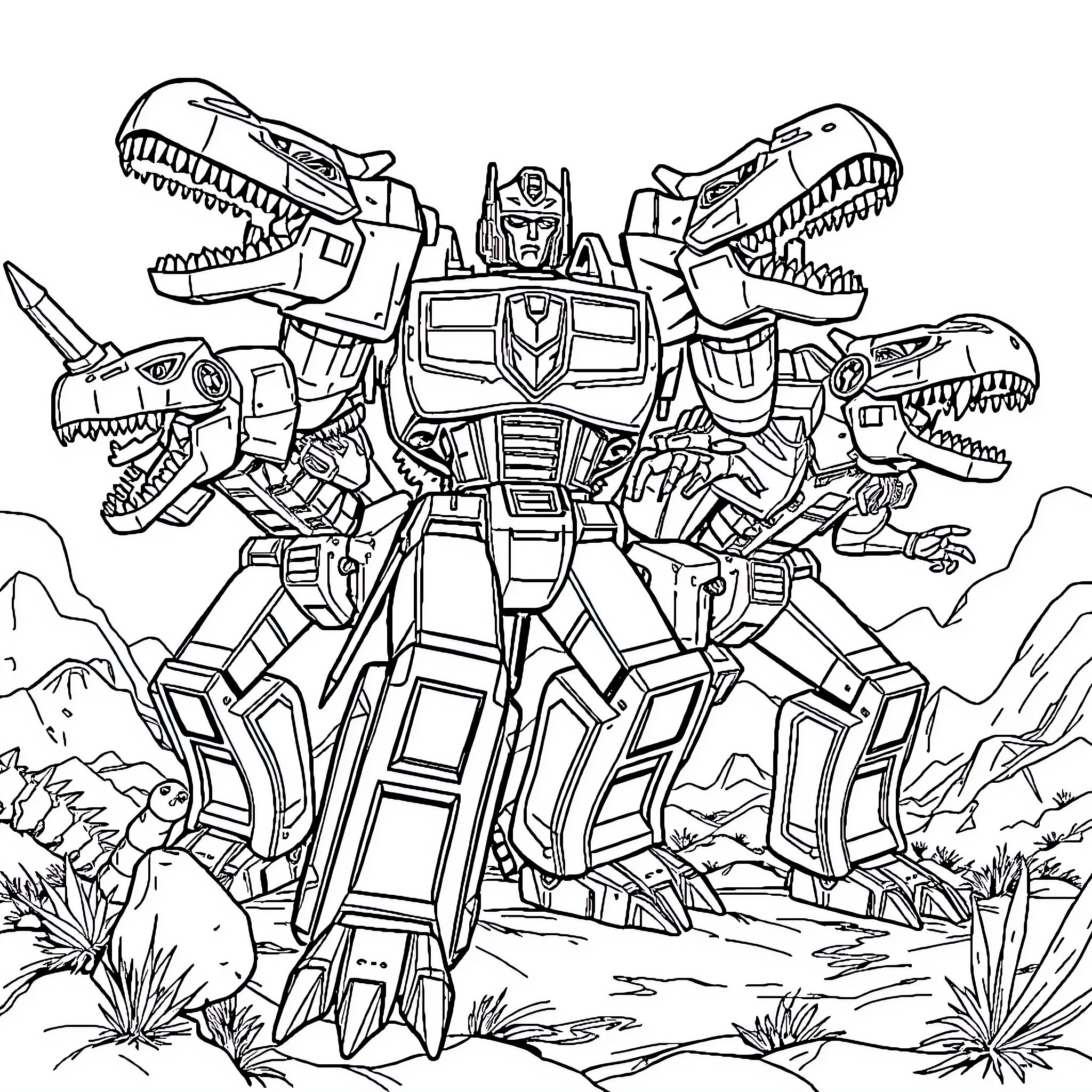 Dinobot Combiner Transforming Warrior Coloring Page (free black-and-white line drawing printable PDF for all, from beginners to advanced learners, including children, teens, adults, and seniors)