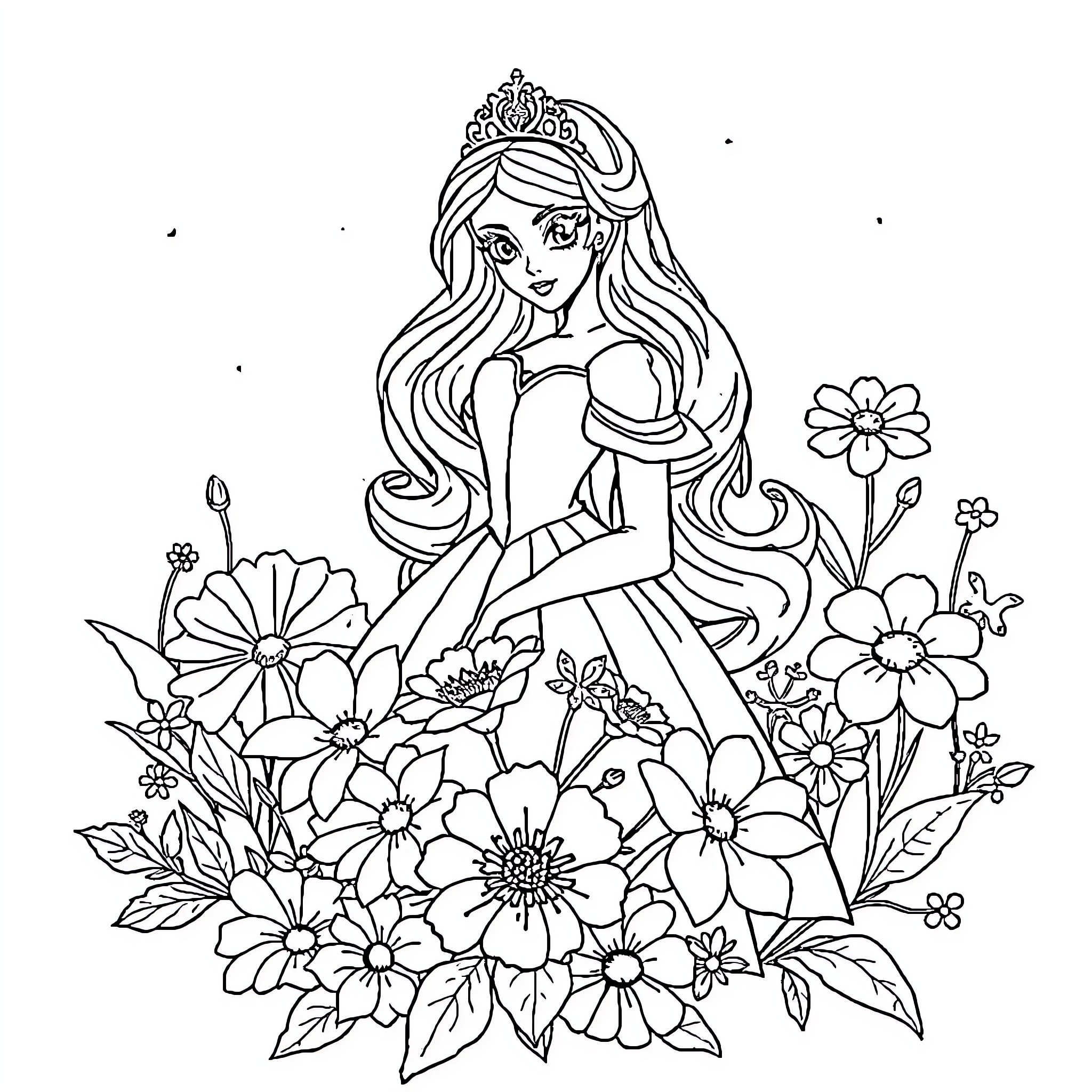 Princess in a Flowery Garden Coloring Page (free black-and-white line drawing printable PDF for all, from beginners to advanced learners, including children, teens, adults, and seniors)