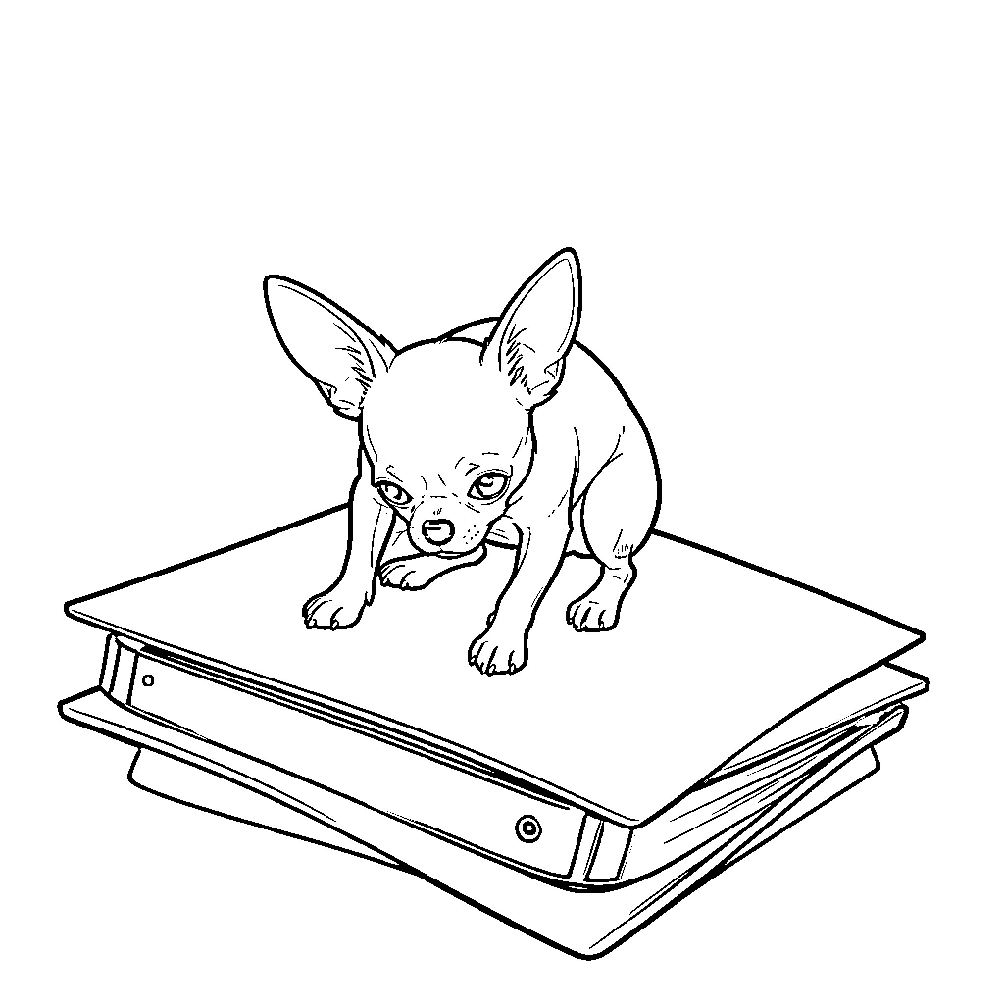 Chihuahua sitting curiously on a book Coloring Page (free black-and-white line drawing printable PDF for all, from beginners to advanced learners, including children, teens, adults, and seniors)