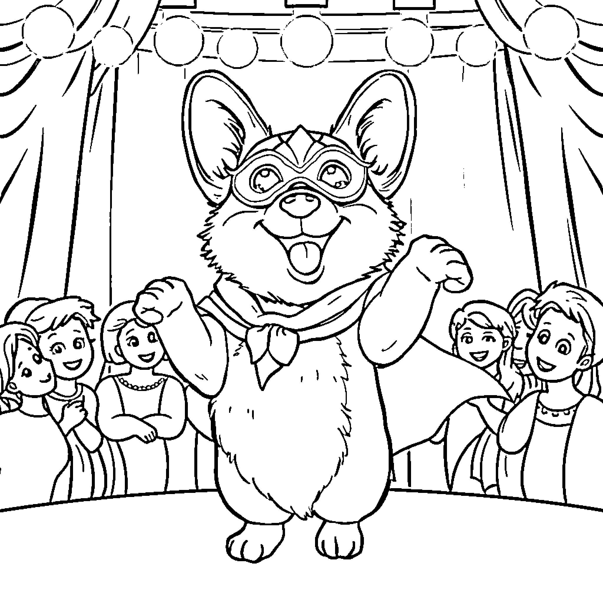 Corgi performing on stage with excited crowd Coloring Page (free black-and-white line drawing printable PDF for all, from beginners to advanced learners, including children, teens, adults, and seniors)
