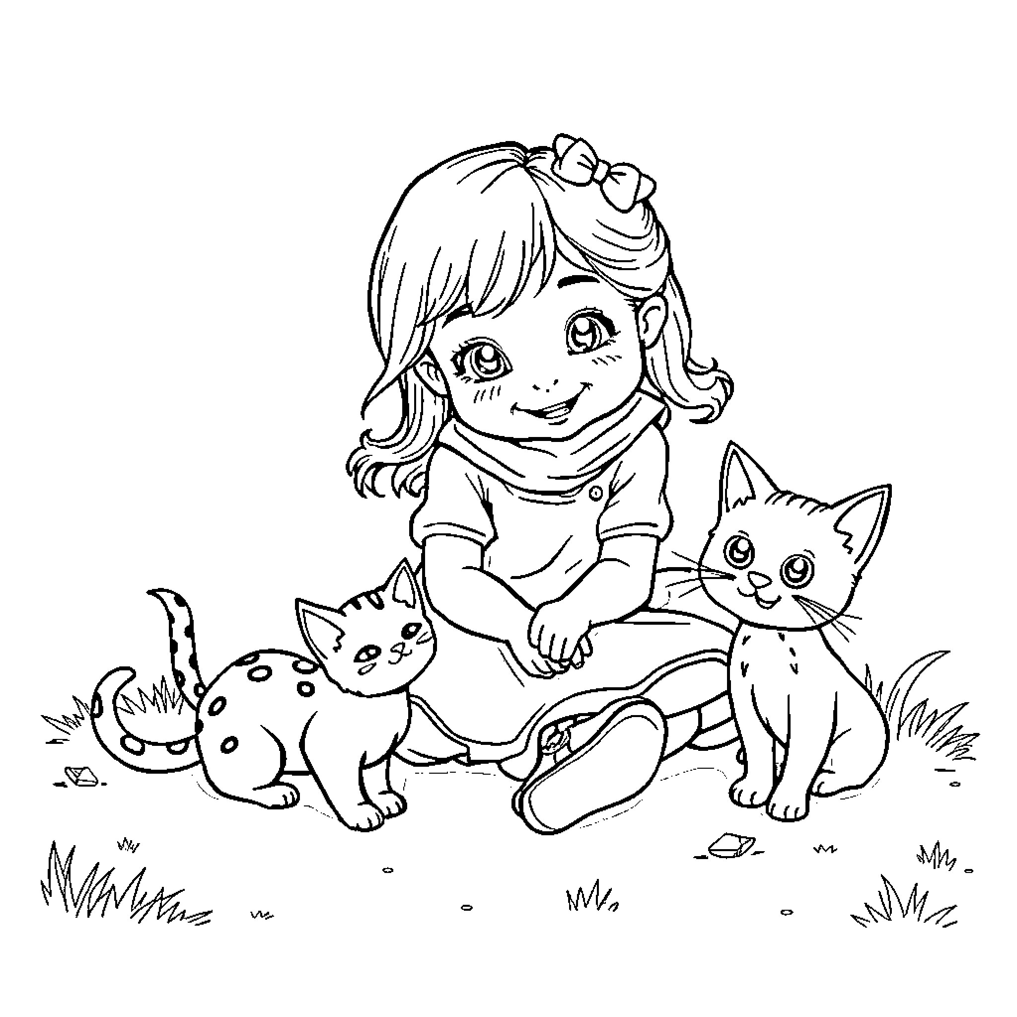 Girl plays joyfully with adorable kittens Coloring Page (free black-and-white line drawing printable PDF for all, from beginners to advanced learners, including children, teens, adults, and seniors)