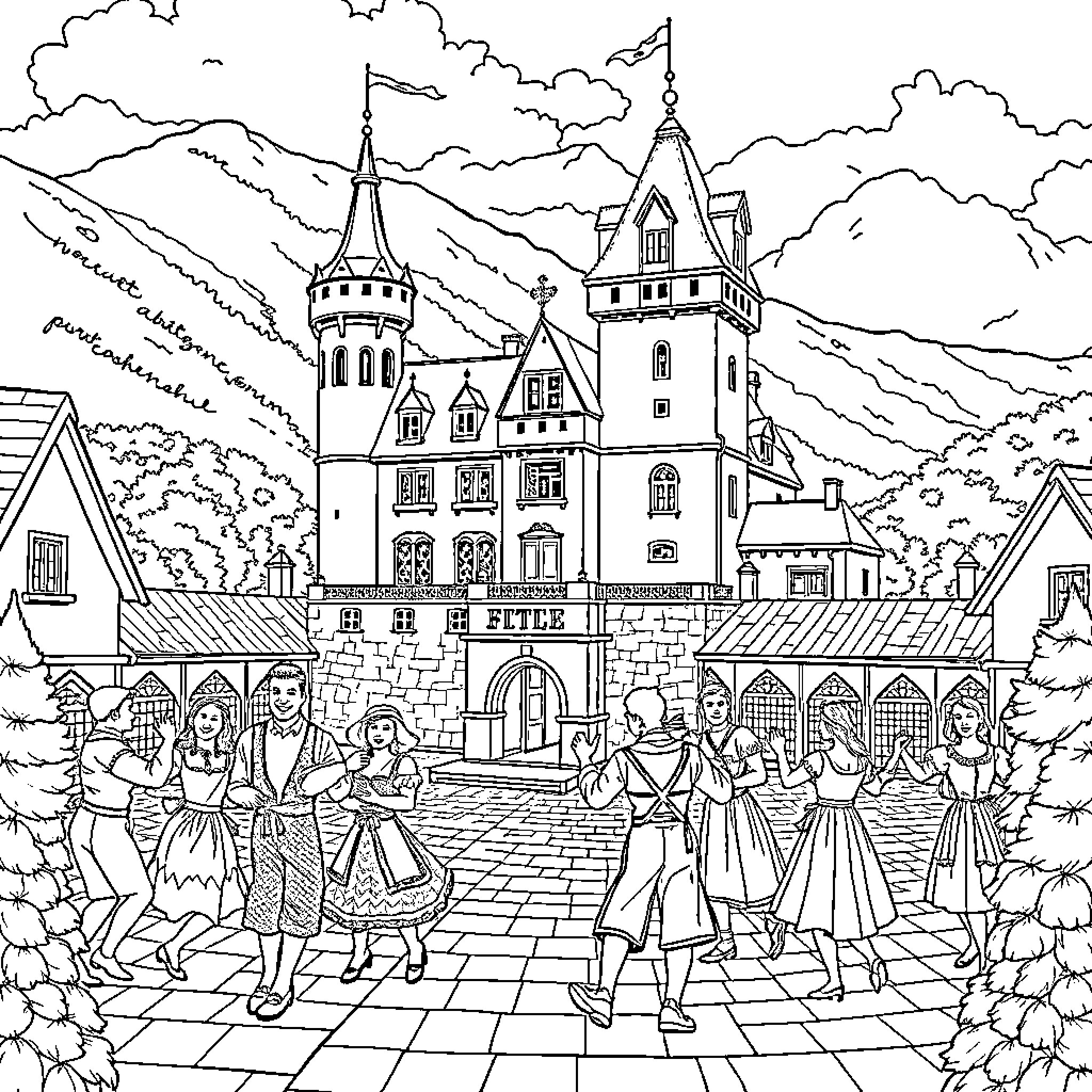 Castle with Festive Dancers in Courtyard Coloring Page (free black-and-white line drawing printable PDF for all, from beginners to advanced learners, including children, teens, adults, and seniors)