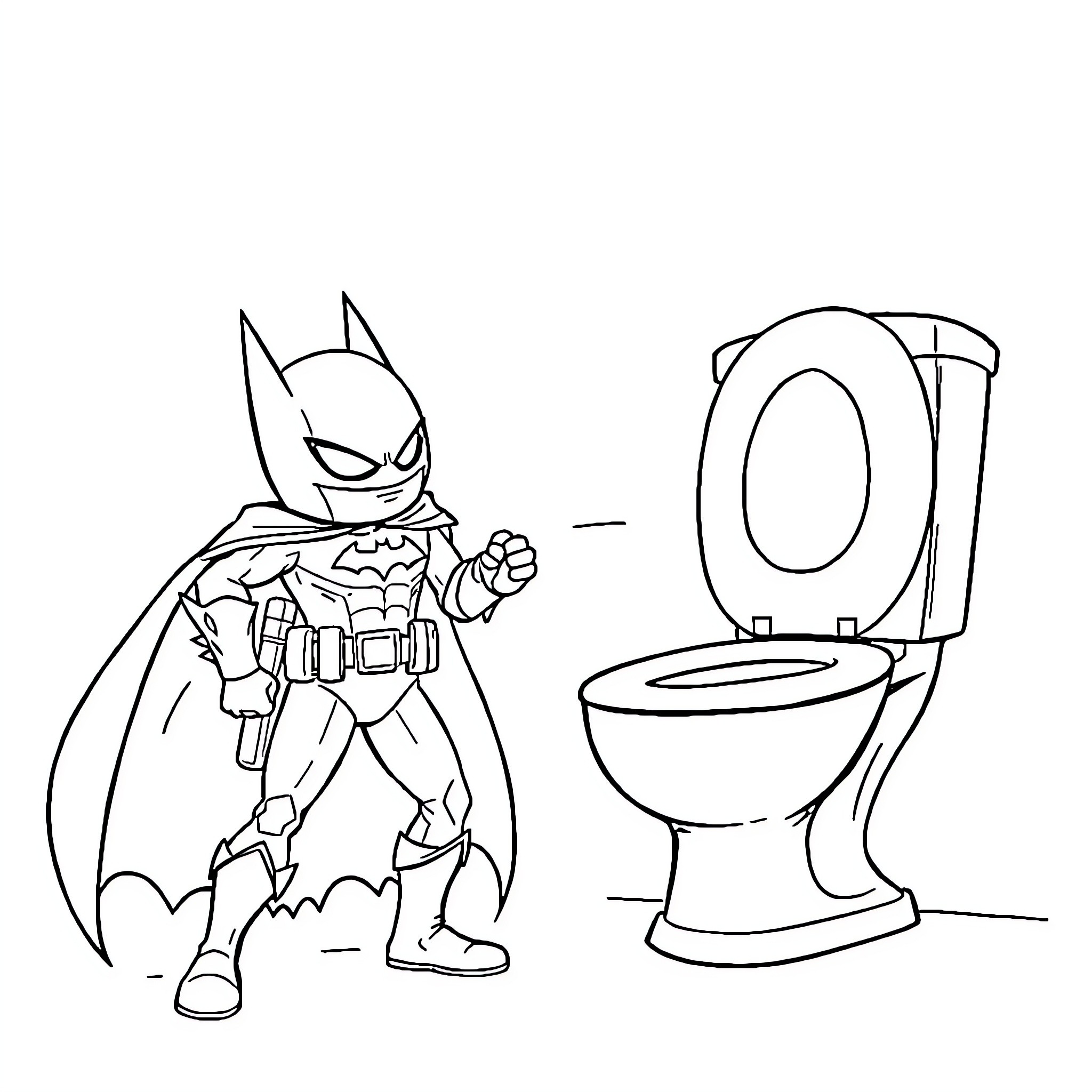 Skibidi Toilet: Superhero Confronting Bathroom Fixture Coloring Page (free black-and-white line drawing printable PDF for all, from beginners to advanced learners, including children, teens, adults, and seniors)