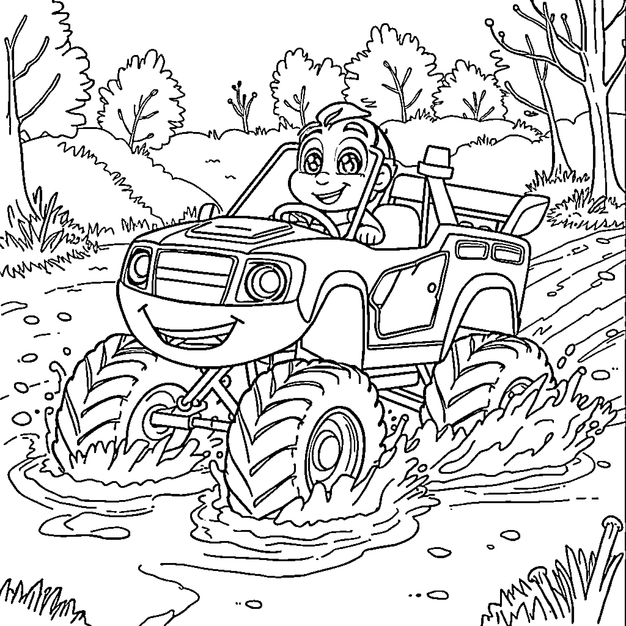 Bluey's Outdoor Adventure in the Muddy Terrain Coloring Page (free black-and-white line drawing printable PDF for all, from beginners to advanced learners, including children, teens, adults, and seniors)