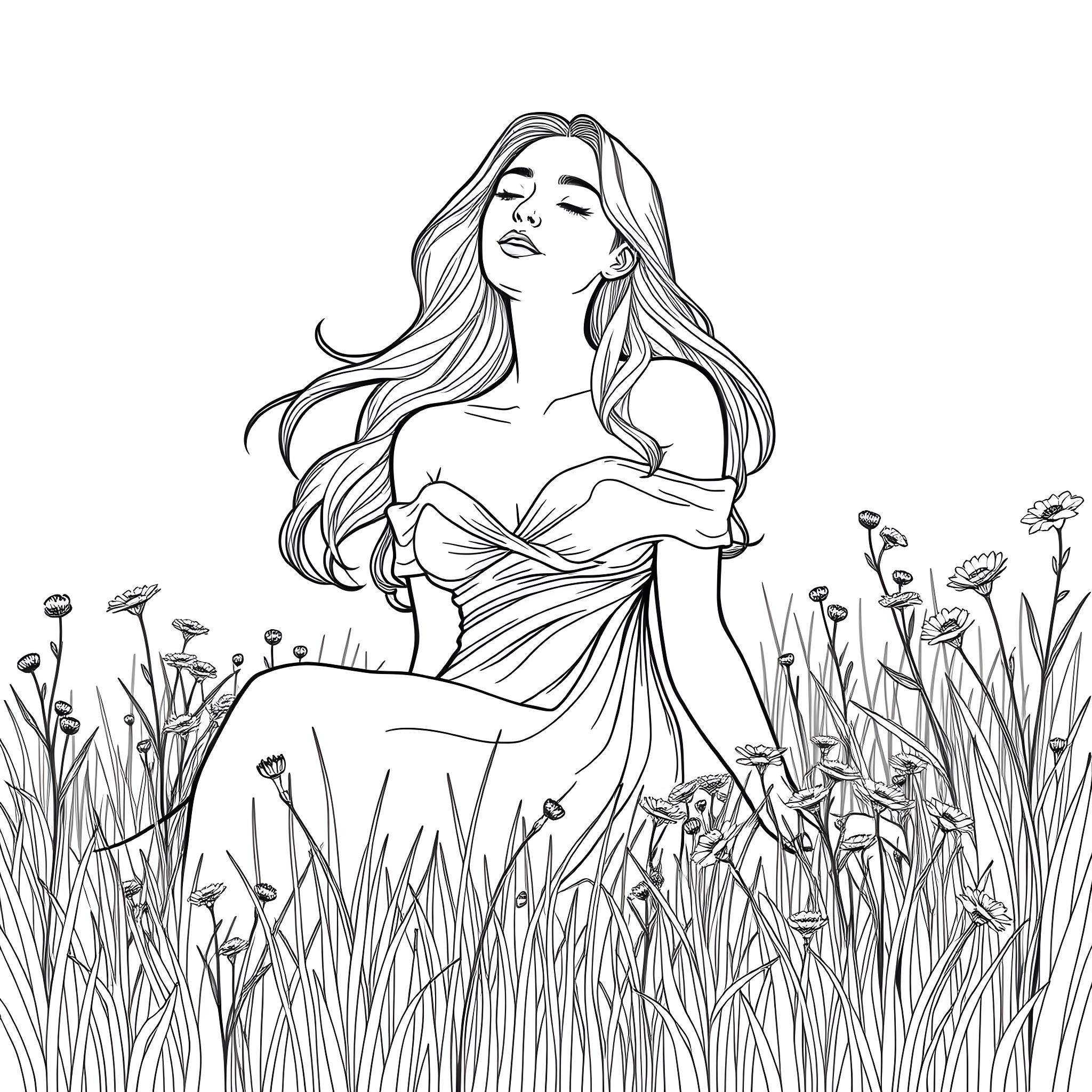 Woman in a flowing dress in a field of flowers Coloring Page (free black-and-white line drawing printable PDF for all, from beginners to advanced learners, including children, teens, adults, and seniors)