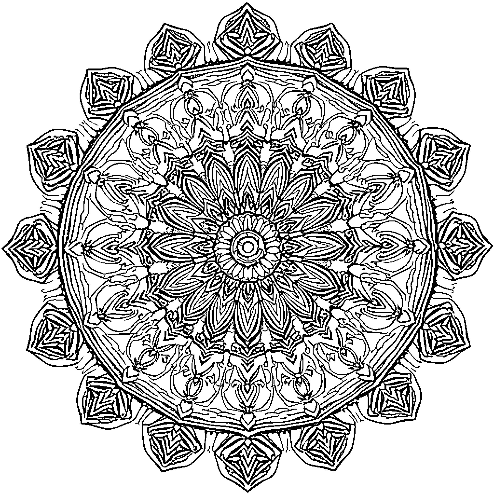 Mandala of intricate geometric patterns and shapes Coloring Page (free black-and-white line drawing printable PDF for all, from beginners to advanced learners, including children, teens, adults, and seniors)