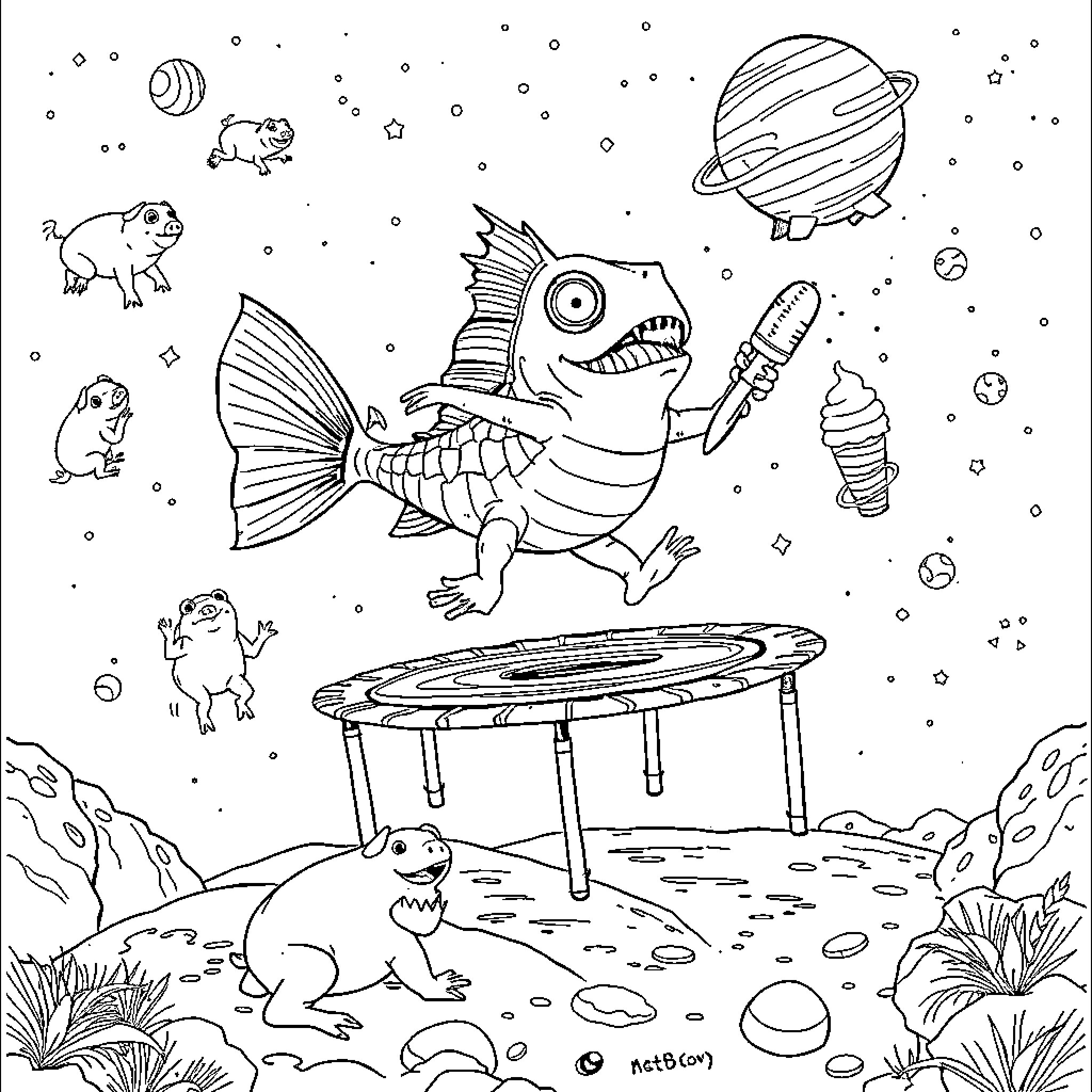 Fish exploring the cosmic world with alien companions Coloring Page (free black-and-white line drawing printable PDF for all, from beginners to advanced learners, including children, teens, adults, and seniors)