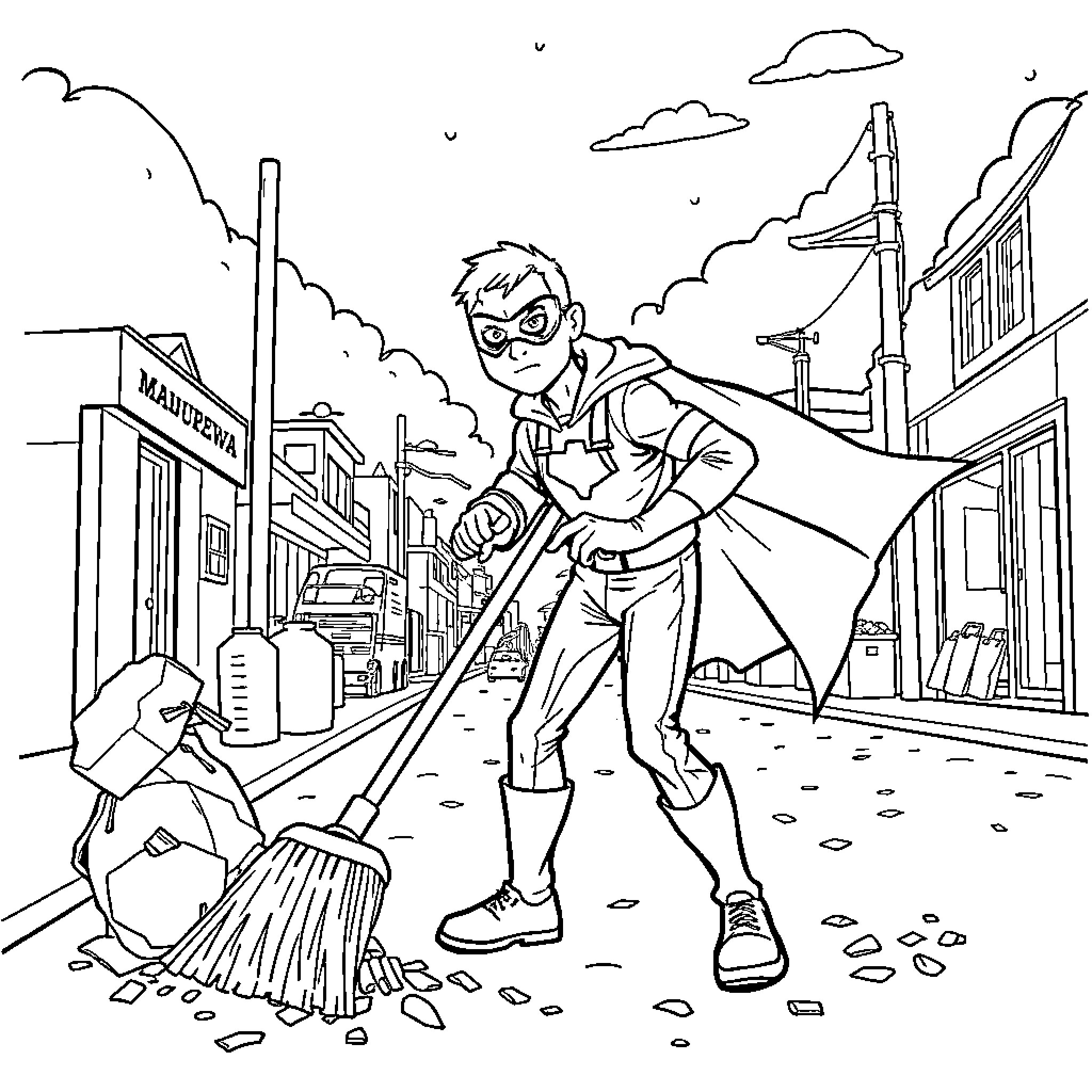 Superhero cleaning the city streets Coloring Page (free black-and-white line drawing printable PDF for all, from beginners to advanced learners, including children, teens, adults, and seniors)
