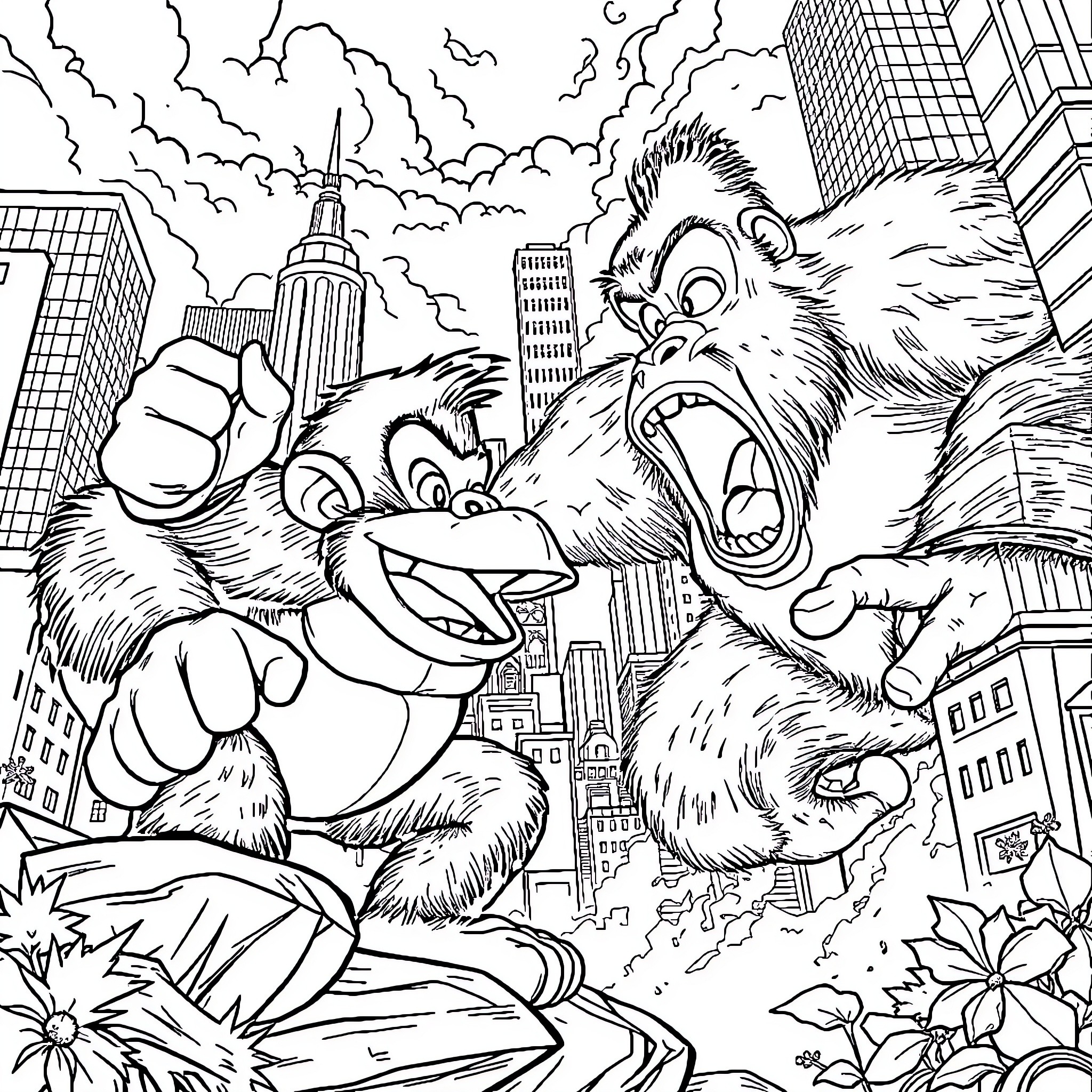 Donkey Kong and Diddy Kong rampaging through the city Coloring Page (free black-and-white line drawing printable PDF for all, from beginners to advanced learners, including children, teens, adults, and seniors)