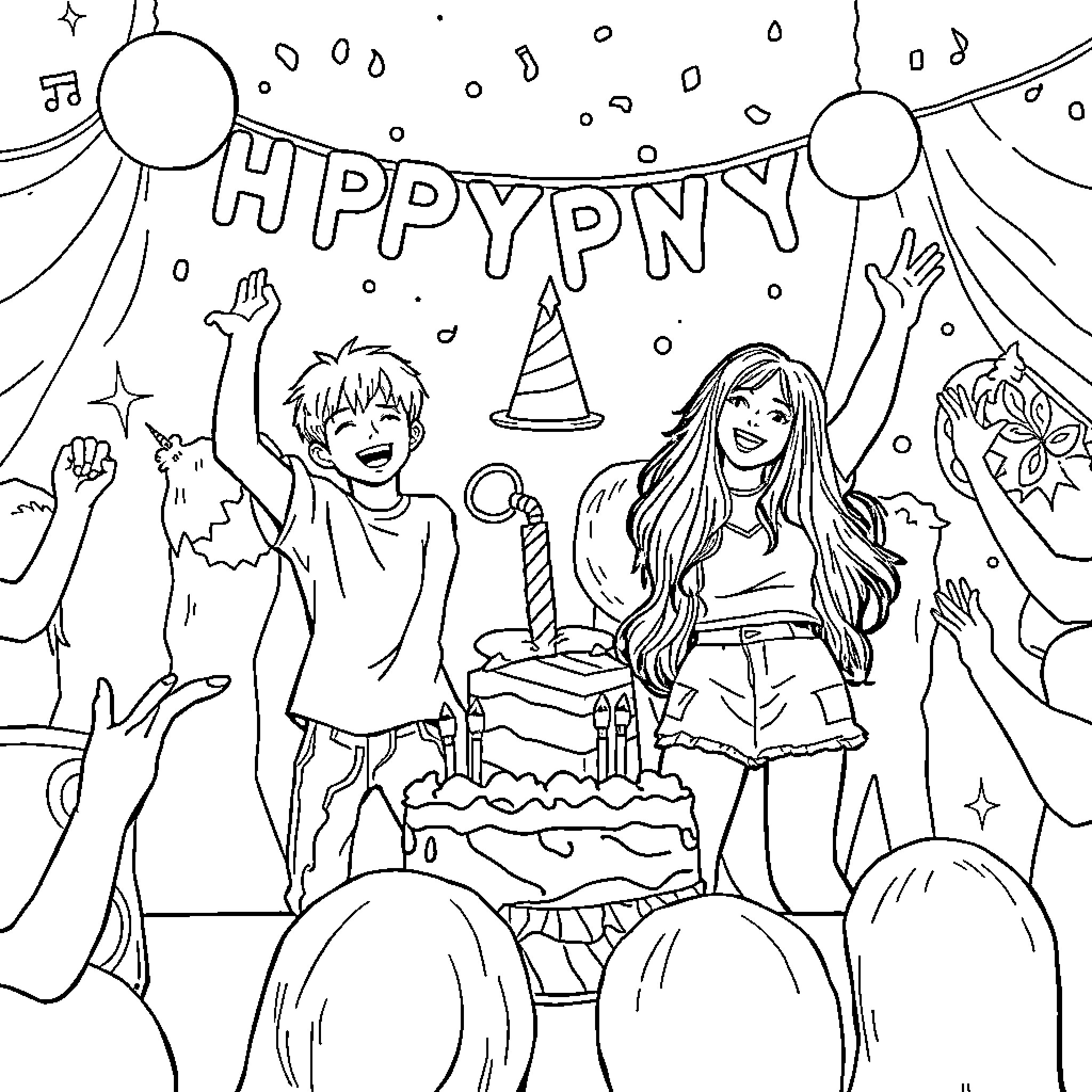 Kpop Idols Celebrating Birthday Party Coloring Page (free black-and-white line drawing printable PDF for all, from beginners to advanced learners, including children, teens, adults, and seniors)