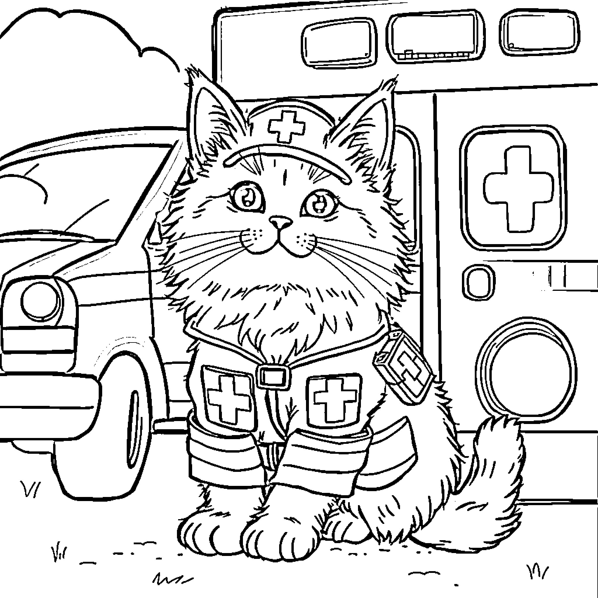 Cat Veterinarian in Emergency Vehicle Coloring Page (free black-and-white line drawing printable PDF for all, from beginners to advanced learners, including children, teens, adults, and seniors)