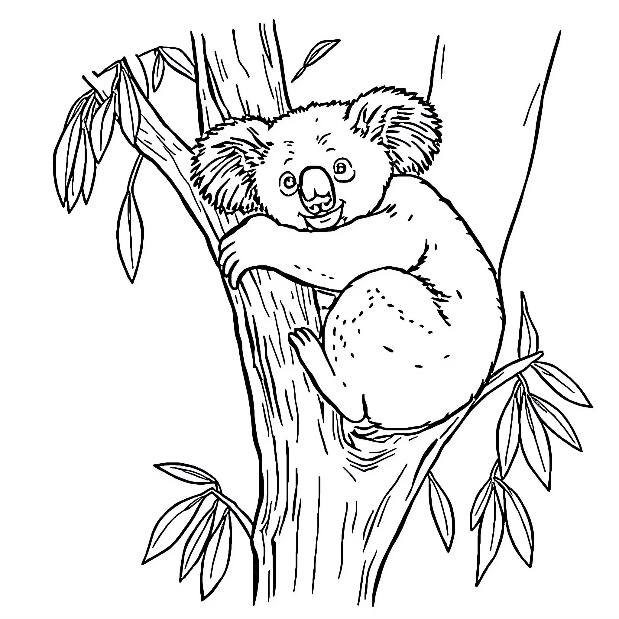 Koala resting on a tree branch Coloring Page (free black-and-white line drawing printable PDF for all, from beginners to advanced learners, including children, teens, adults, and seniors)
