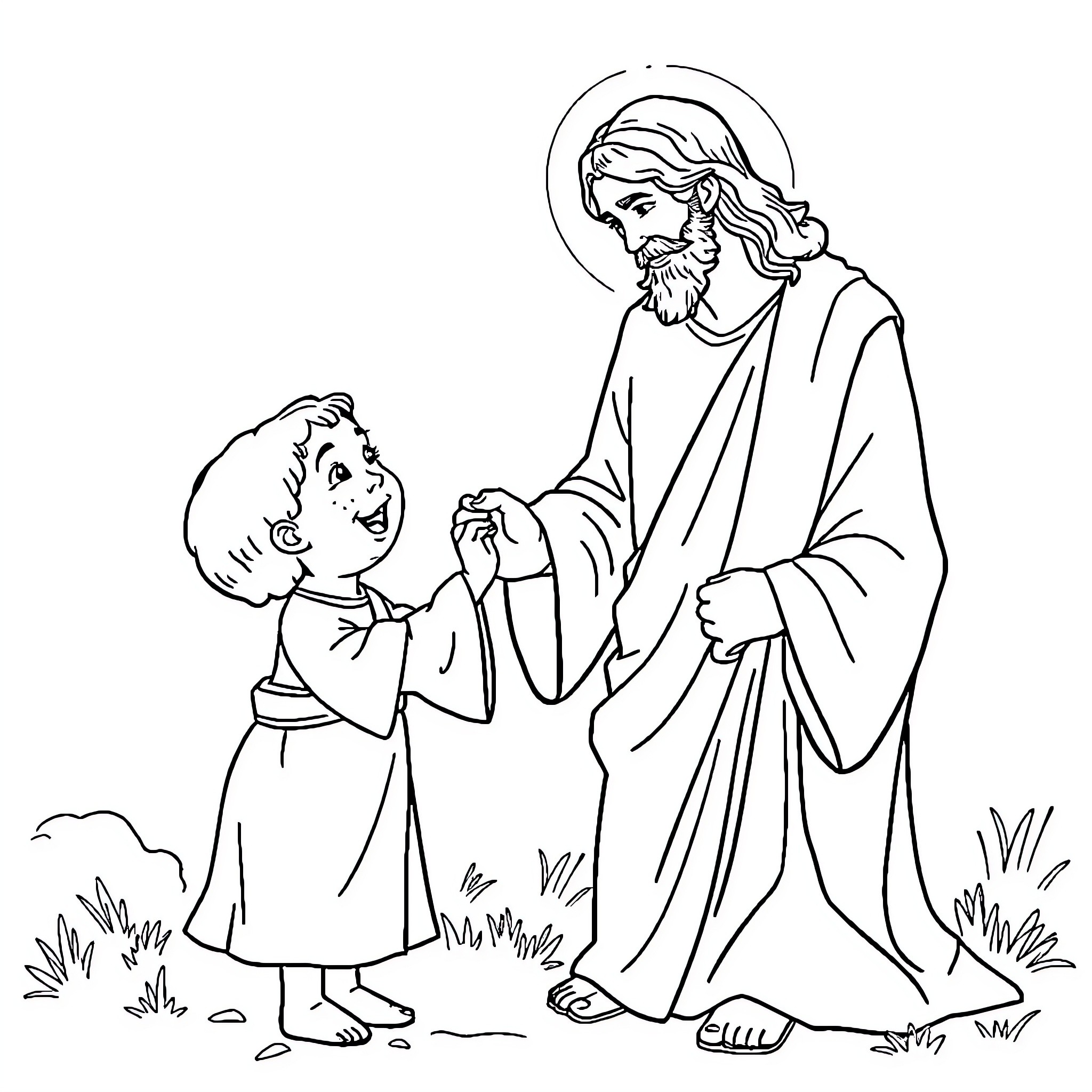 Jesus guiding and teaching a young child Coloring Page (free black-and-white line drawing printable PDF for all, from beginners to advanced learners, including children, teens, adults, and seniors)