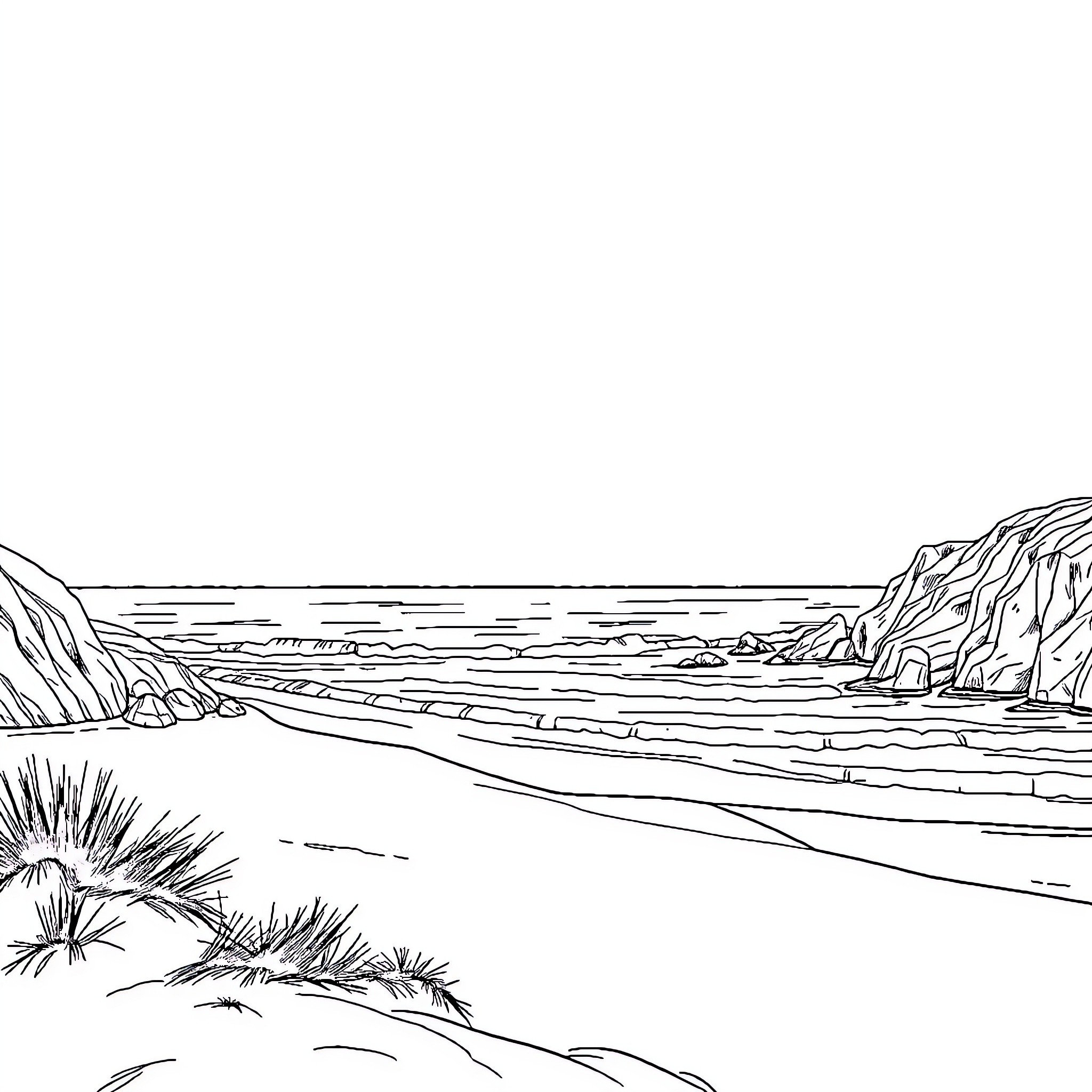 Beach scenic landscape with rocky cliffs Coloring Page (free black-and-white line drawing printable PDF for all, from beginners to advanced learners, including children, teens, adults, and seniors)