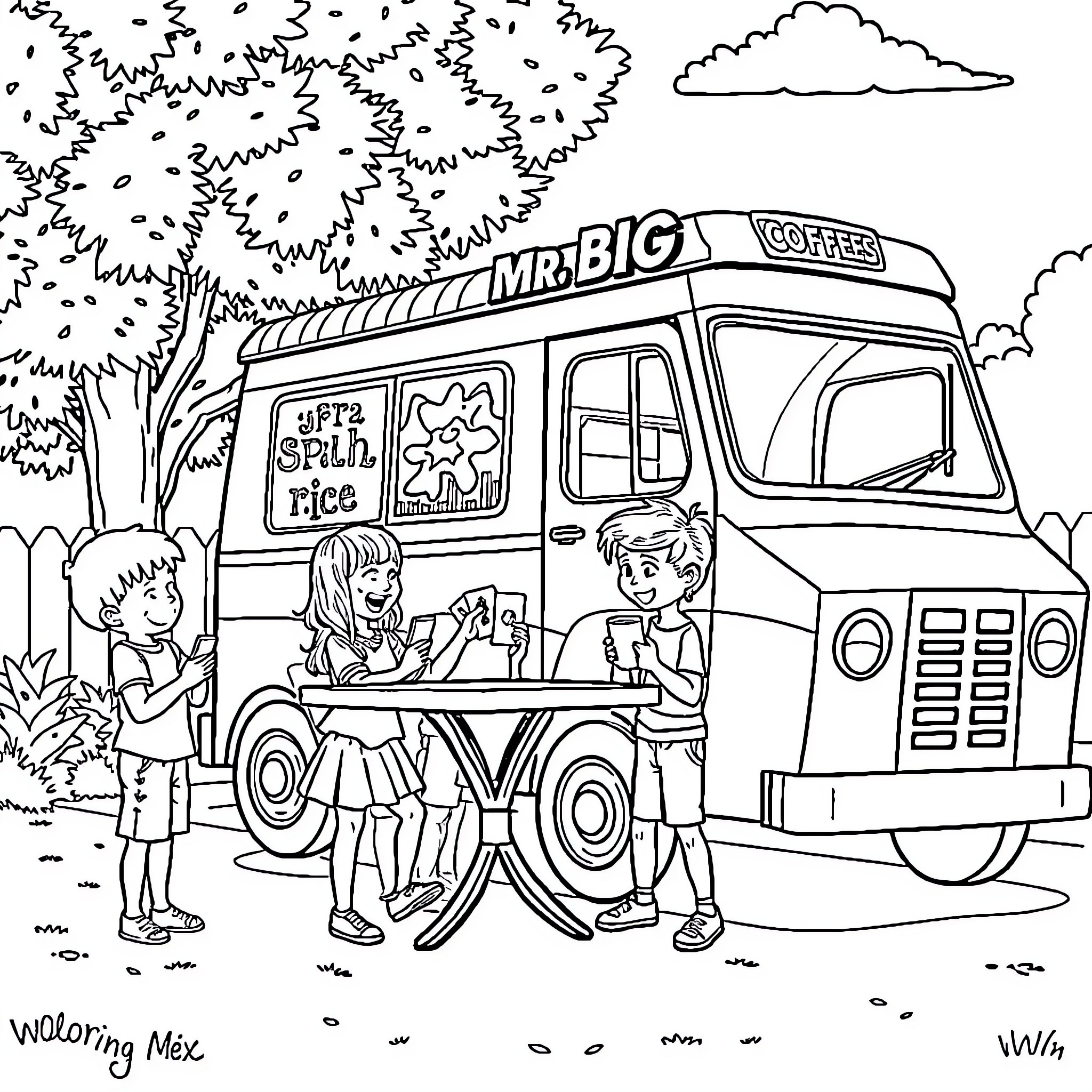 Kid Enjoying Ice Cream at the Food Truck Coloring Page (free black-and-white line drawing printable PDF for all, from beginners to advanced learners, including children, teens, adults, and seniors)
