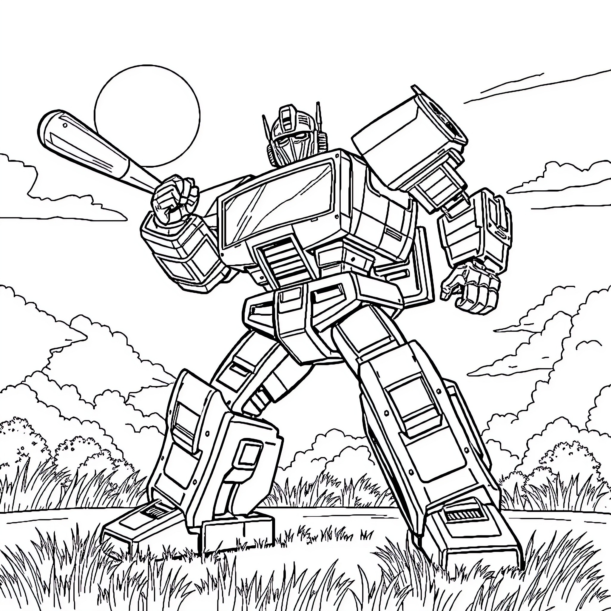 Transformer robot standing in a grassy field Coloring Page (free black-and-white line drawing printable PDF for all, from beginners to advanced learners, including children, teens, adults, and seniors)