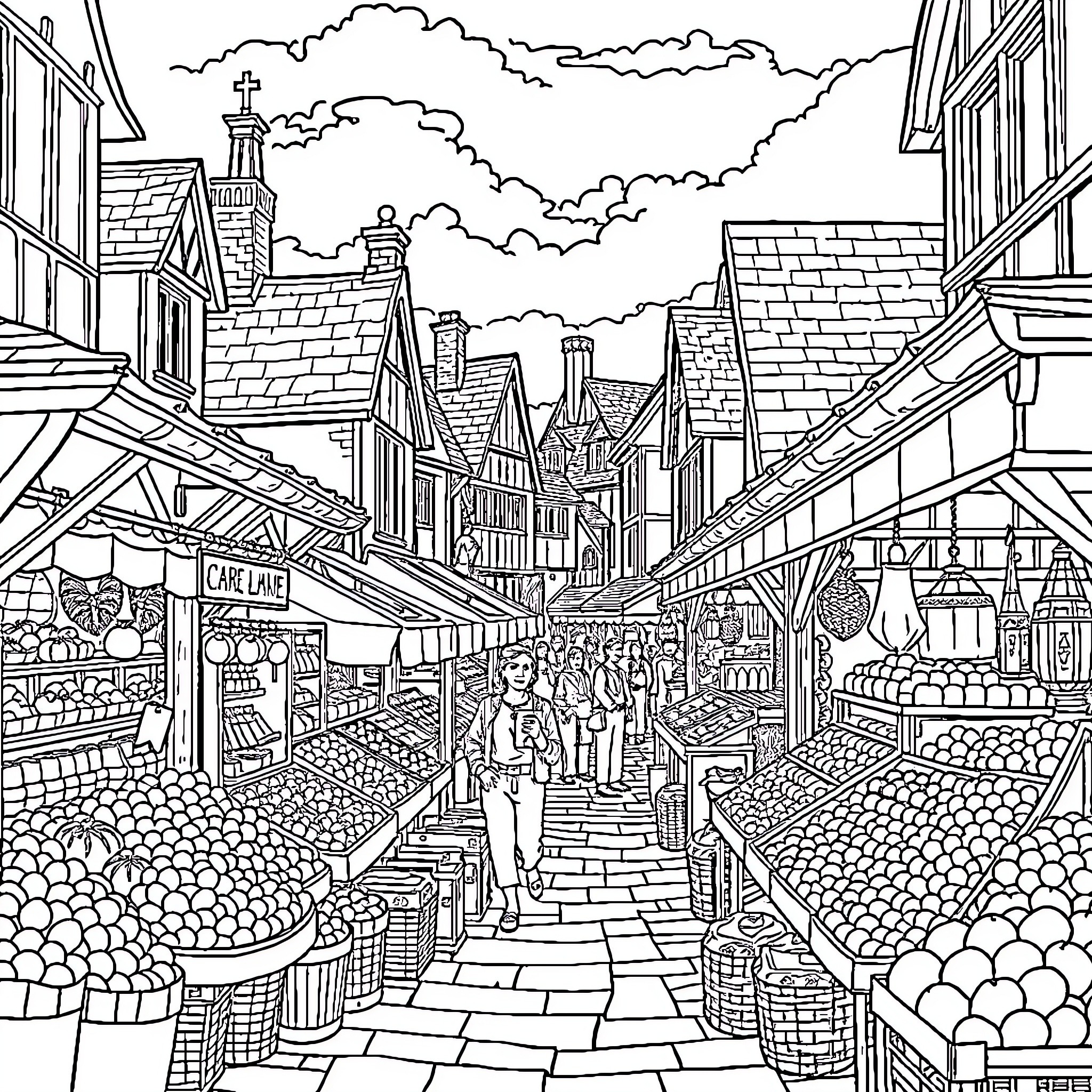 Market Town of Bustling Scenes and Diverse Vendors Coloring Page (free black-and-white line drawing printable PDF for all, from beginners to advanced learners, including children, teens, adults, and seniors)