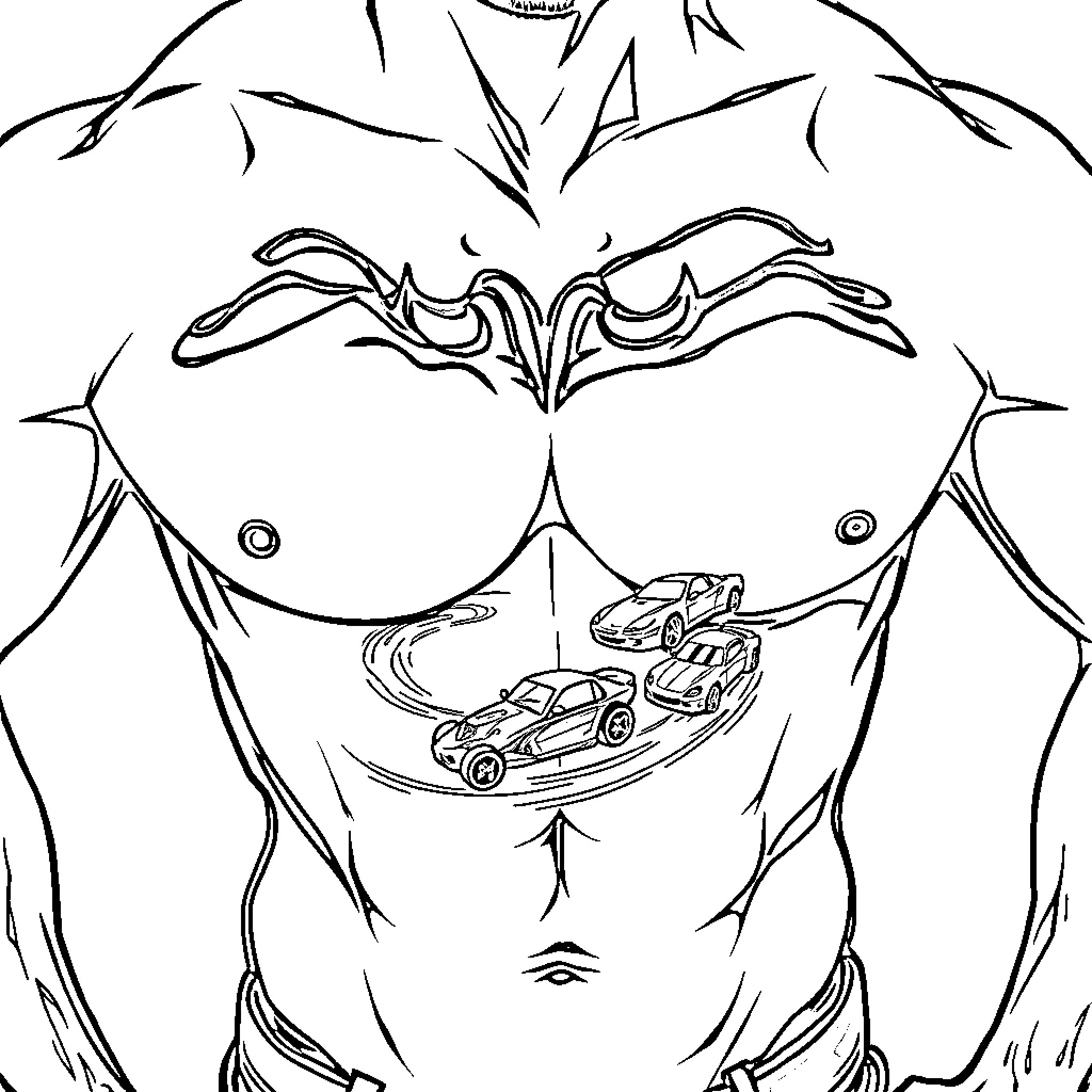 Tattoo of a fierce character with cars Coloring Page (free black-and-white line drawing printable PDF for all, from beginners to advanced learners, including children, teens, adults, and seniors)