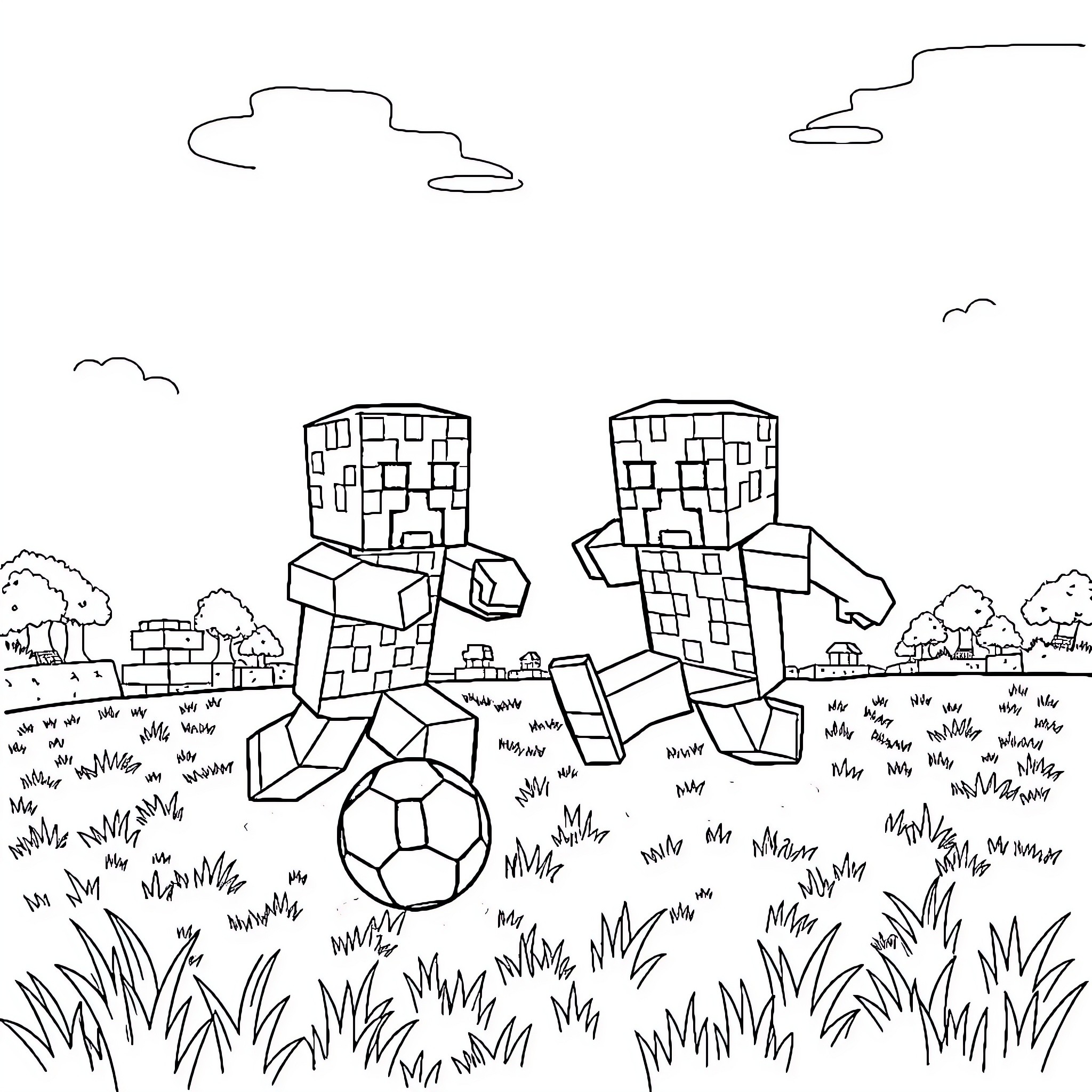 Creeper exploring the grassy field with friends Coloring Page (free black-and-white line drawing printable PDF for all, from beginners to advanced learners, including children, teens, adults, and seniors)