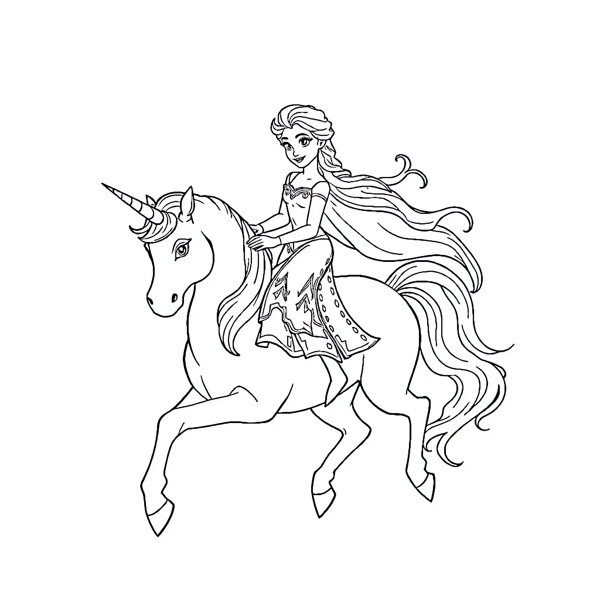 Elsa riding a magical unicorn Coloring Page (free black-and-white line drawing printable PDF for all, from beginners to advanced learners, including children, teens, adults, and seniors)