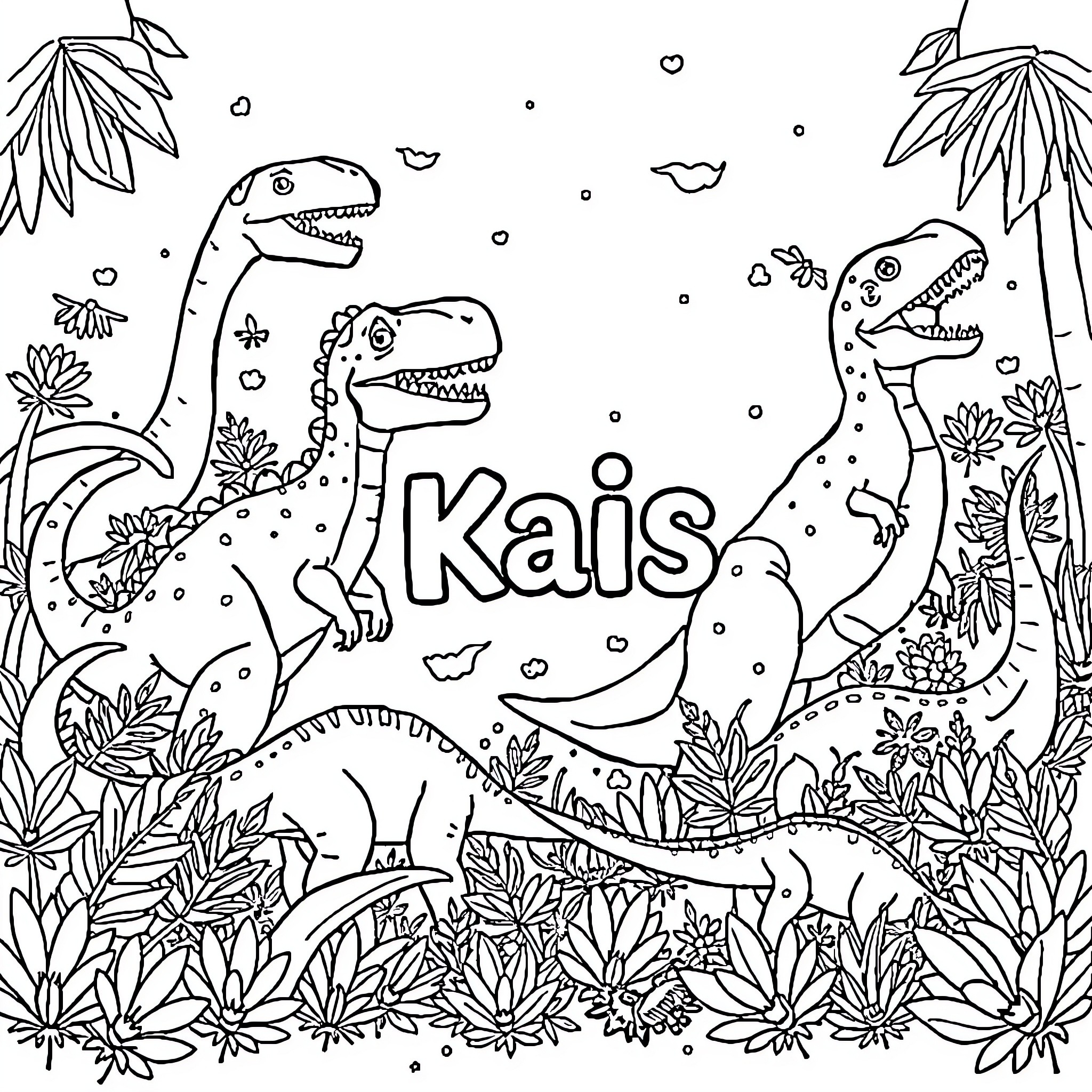 Dinosaurs playing together in a lush jungle Coloring Page (free black-and-white line drawing printable PDF for all, from beginners to advanced learners, including children, teens, adults, and seniors)