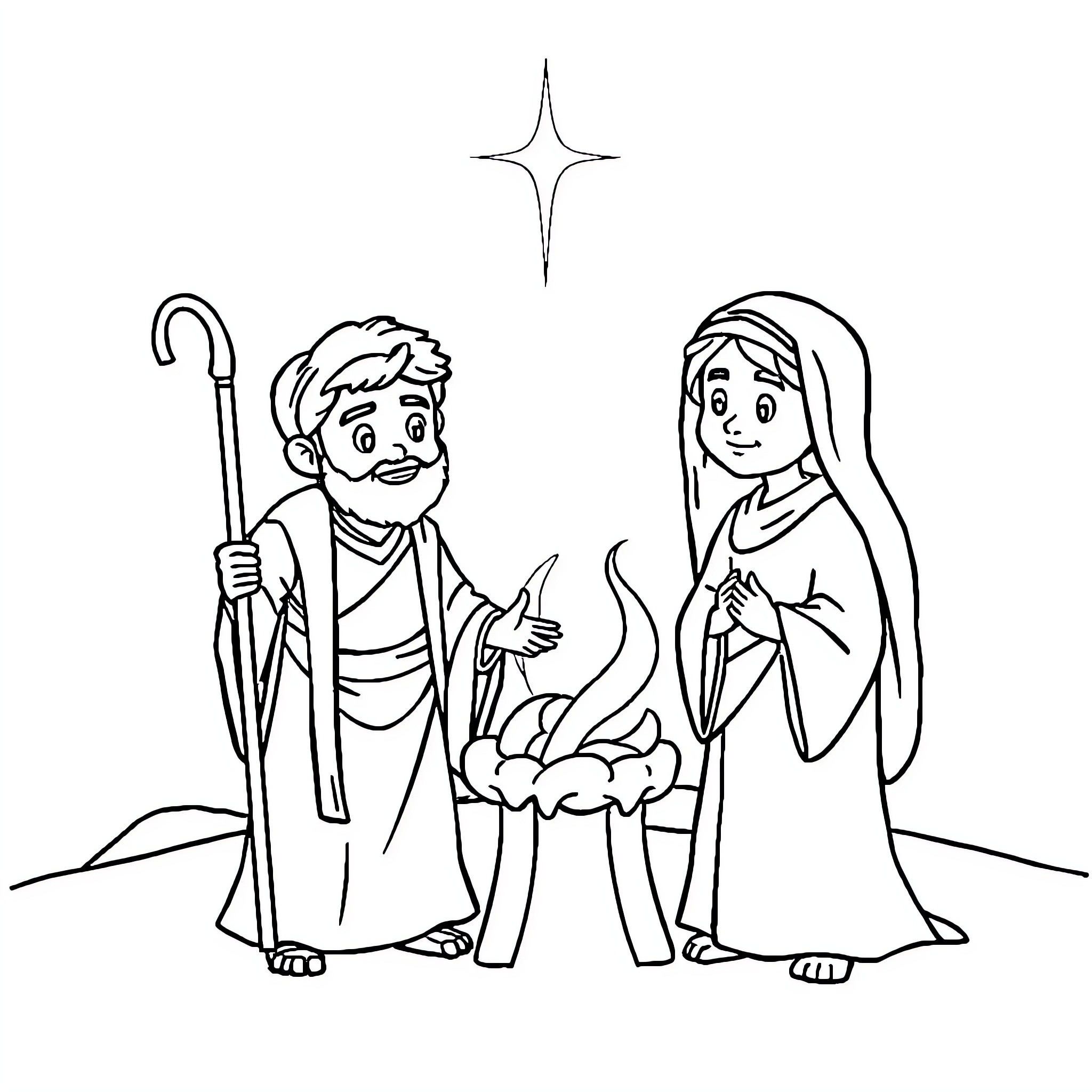 Bible Character Nativity Scene with Mary and Joseph Coloring Page (free black-and-white line drawing printable PDF for all, from beginners to advanced learners, including children, teens, adults, and seniors)