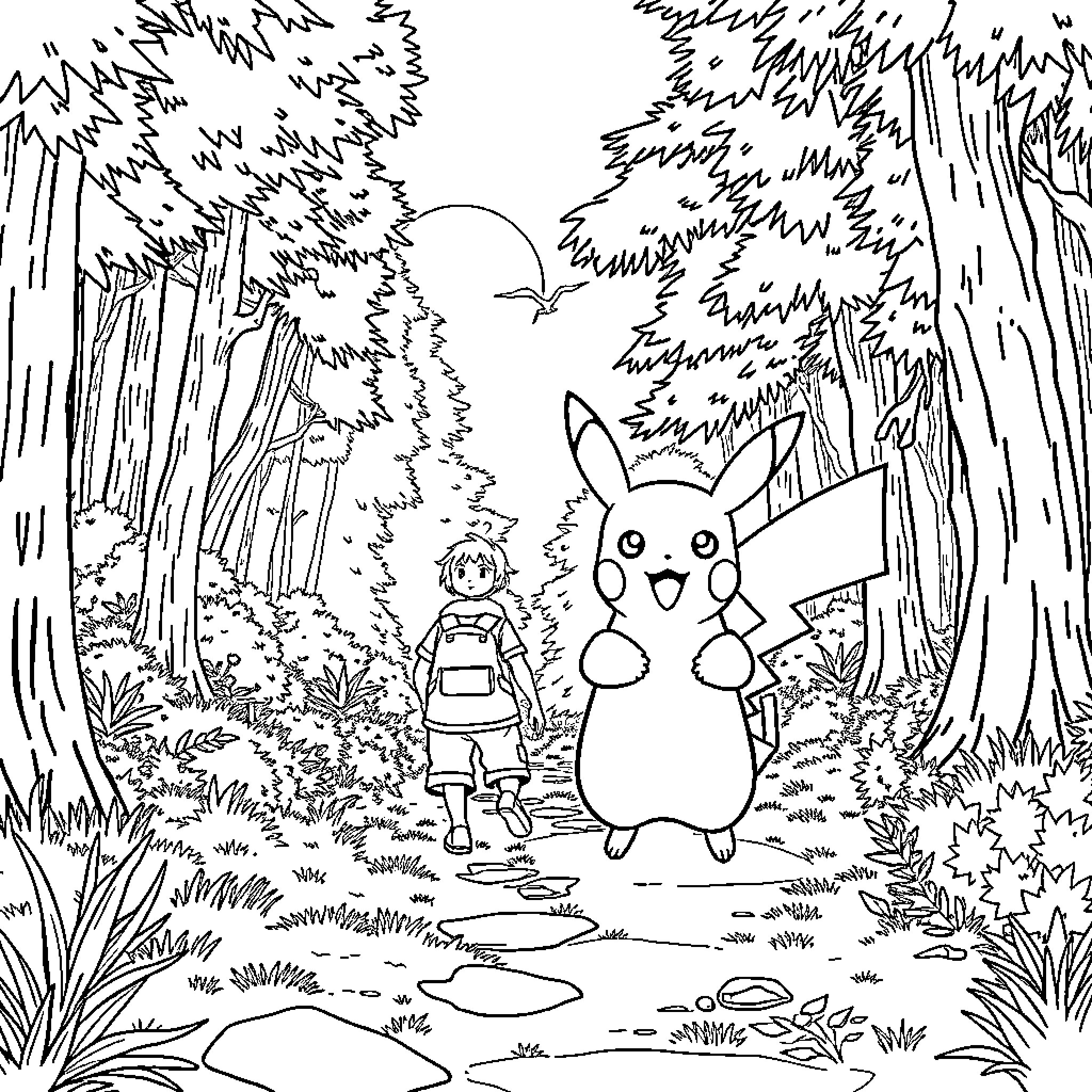 Pikachu Exploring the Enchanted Forest with a Companion Coloring Page (free black-and-white line drawing printable PDF for all, from beginners to advanced learners, including children, teens, adults, and seniors)