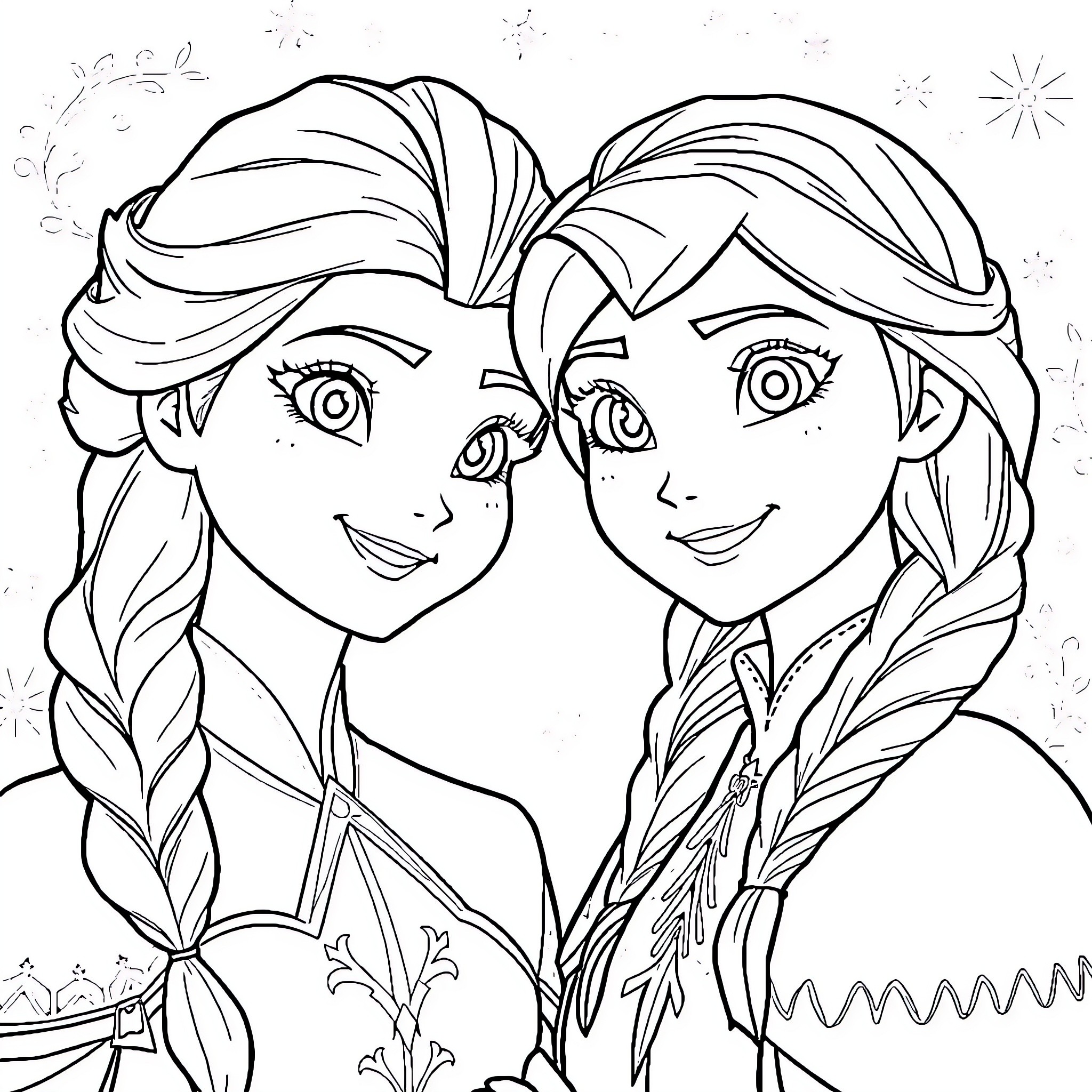 Elsa and Anna's Magical Adventure Coloring Page (free black-and-white line drawing printable PDF for all, from beginners to advanced learners, including children, teens, adults, and seniors)