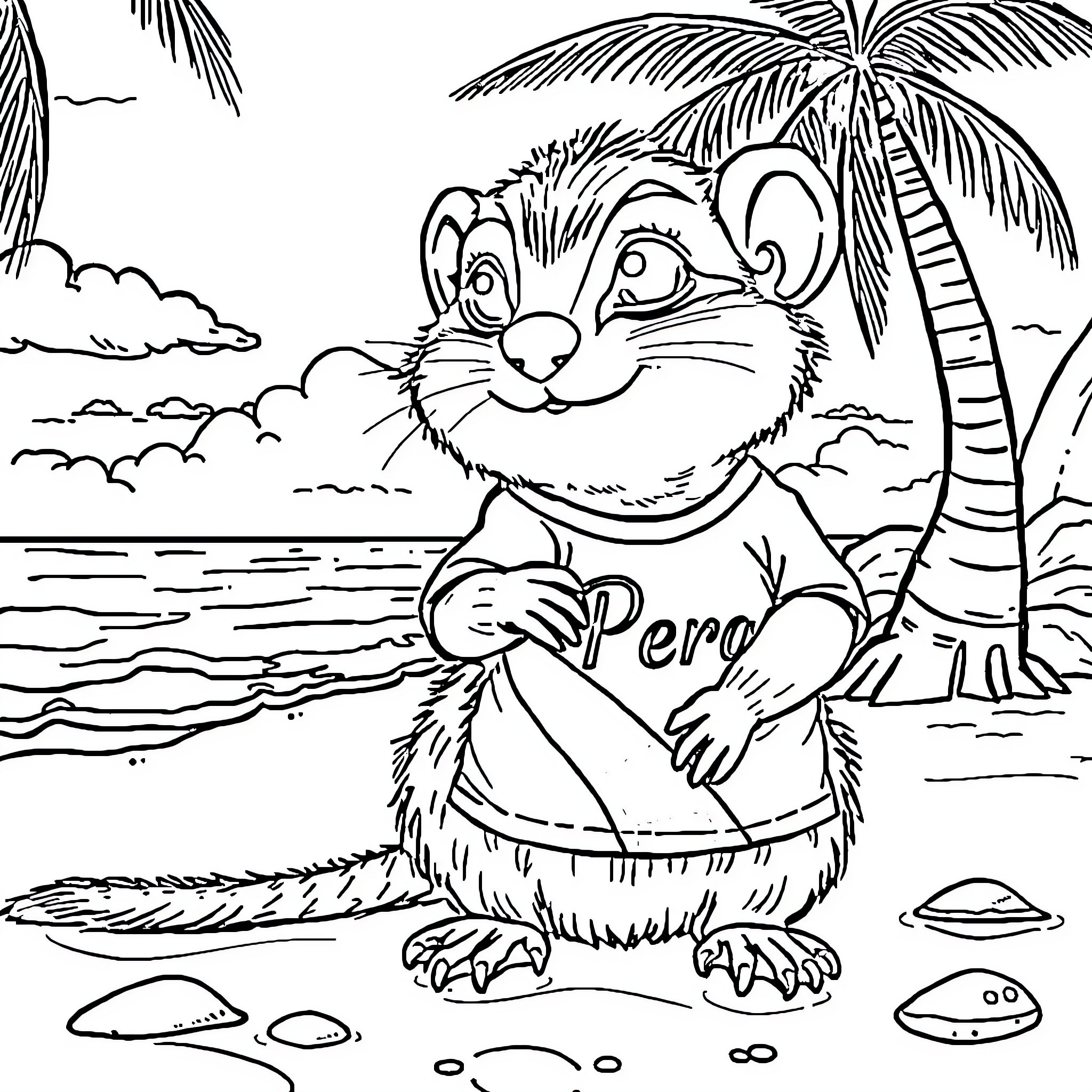 Monkey enjoying tropical beach scenery Coloring Page (free black-and-white line drawing printable PDF for all, from beginners to advanced learners, including children, teens, adults, and seniors)