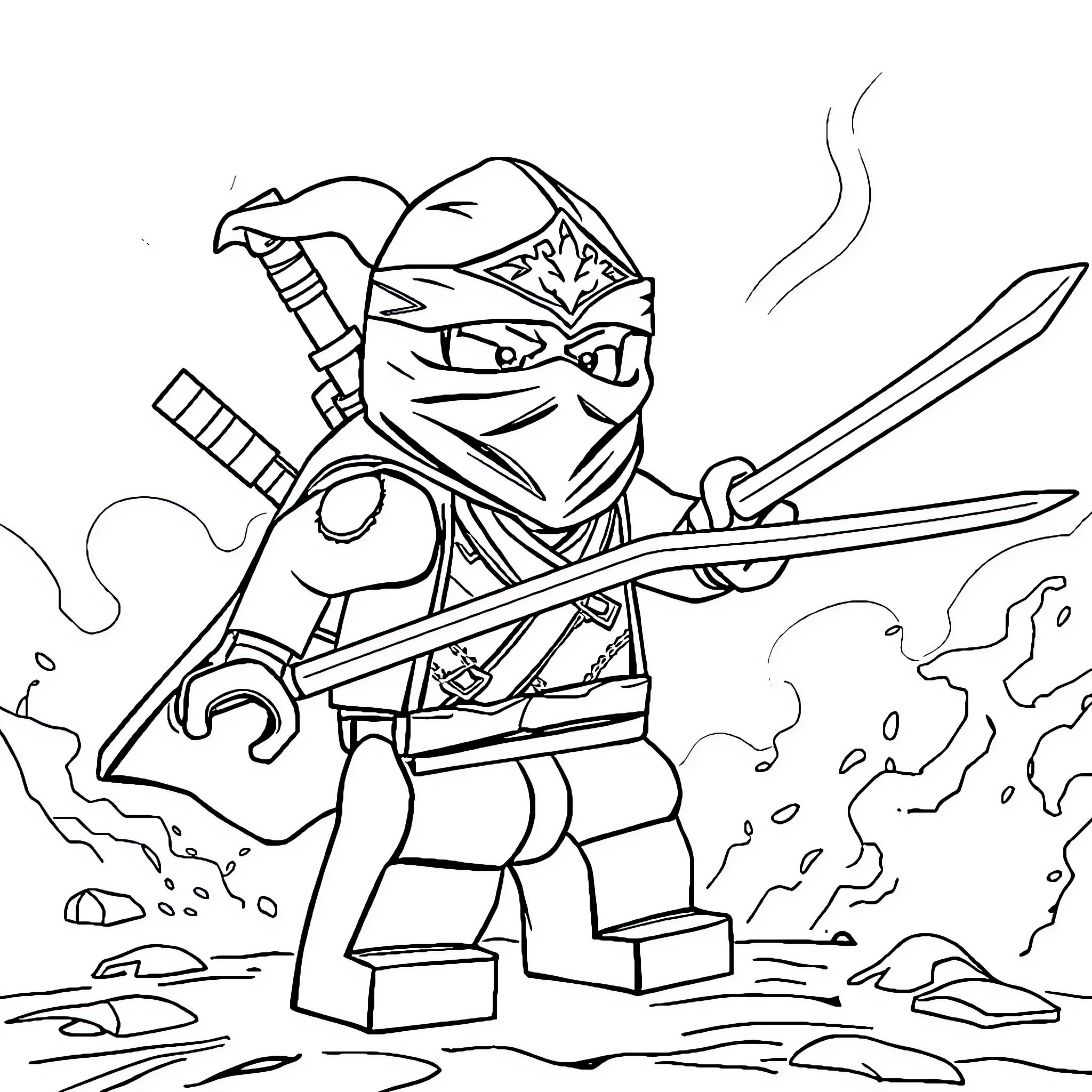 Ninjago warrior in action with weapons and skills Coloring Page (free black-and-white line drawing printable PDF for all, from beginners to advanced learners, including children, teens, adults, and seniors)