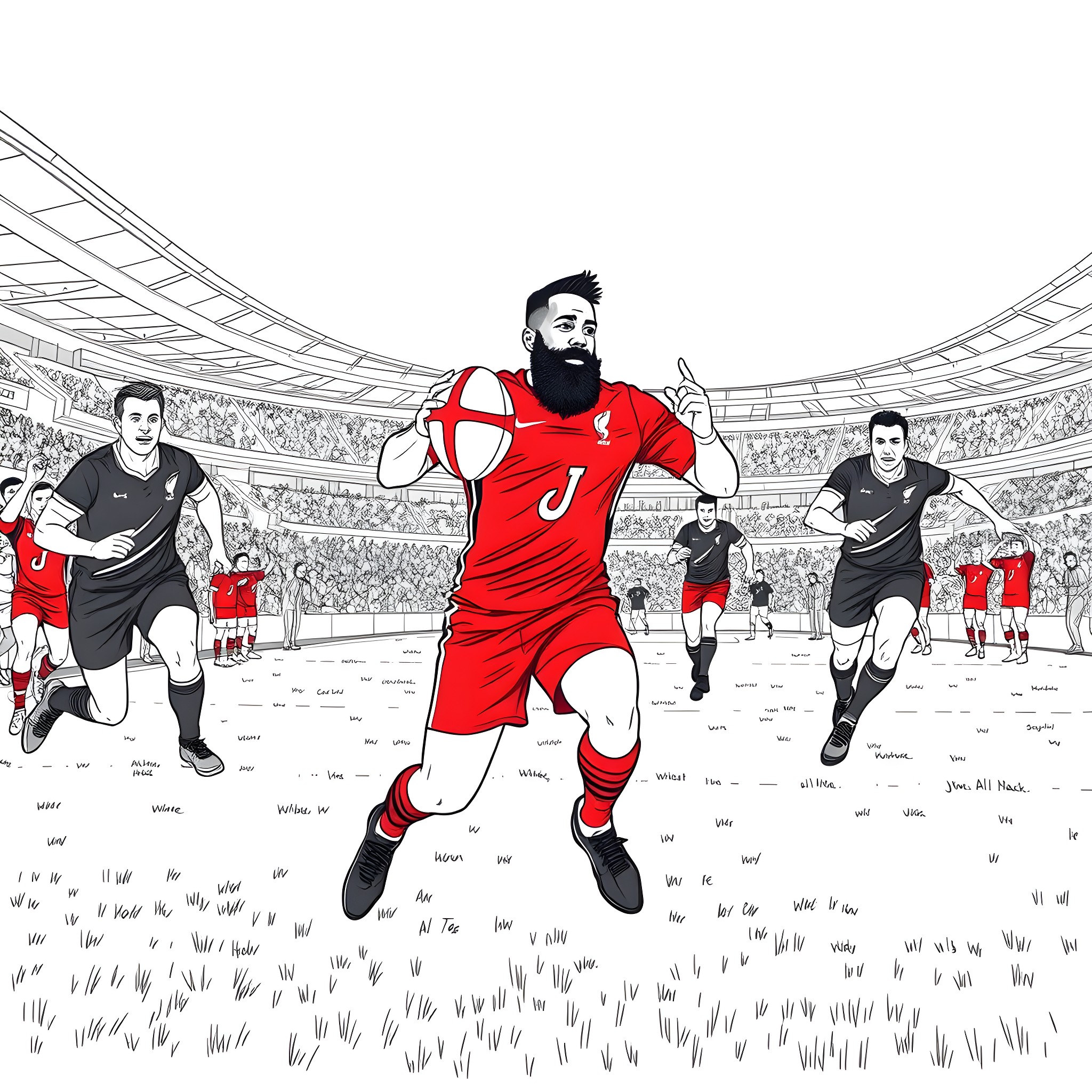 James Harden in Soccer Game Action Pose on Field Coloring Page (free black-and-white line drawing printable PDF for all, from beginners to advanced learners, including children, teens, adults, and seniors)