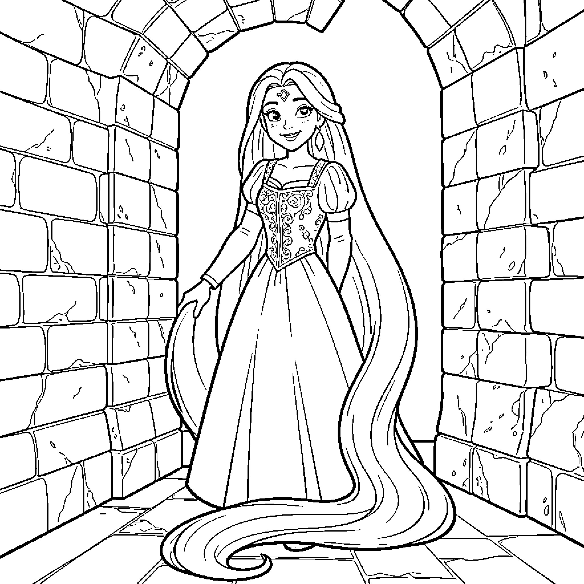 Rapunzel standing gracefully in a stone archway Coloring Page (free black-and-white line drawing printable PDF for all, from beginners to advanced learners, including children, teens, adults, and seniors)