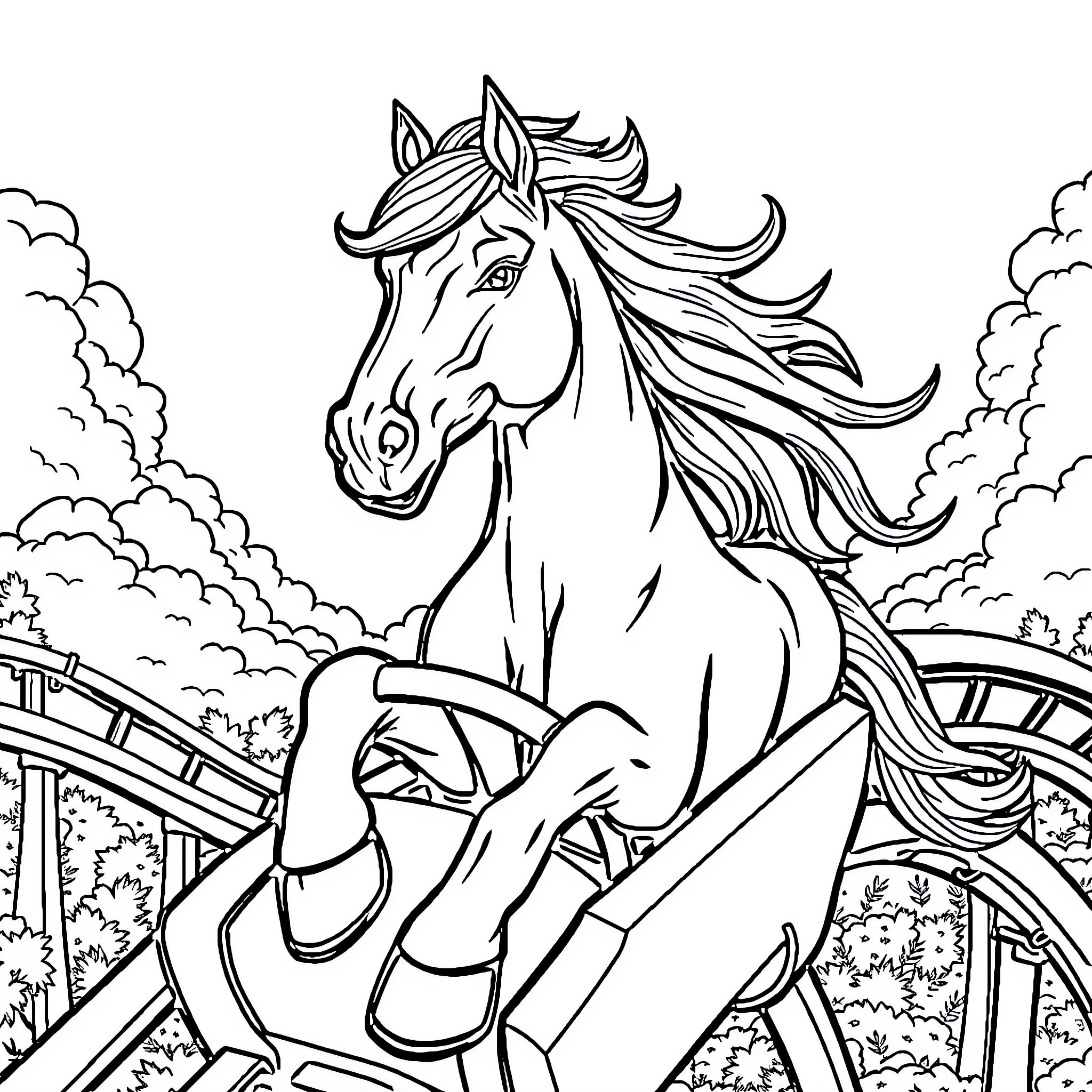 Horse galloping through scenic landscape Coloring Page (free black-and-white line drawing printable PDF for all, from beginners to advanced learners, including children, teens, adults, and seniors)